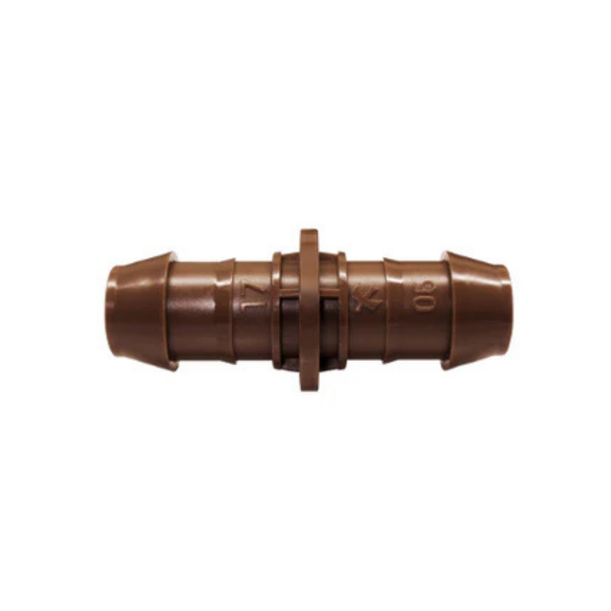 Close-up of a 17mm dripline barbed connector, designed for irrigation systems, featuring a ribbed design that ensures a secure fit for connecting dripline tubing