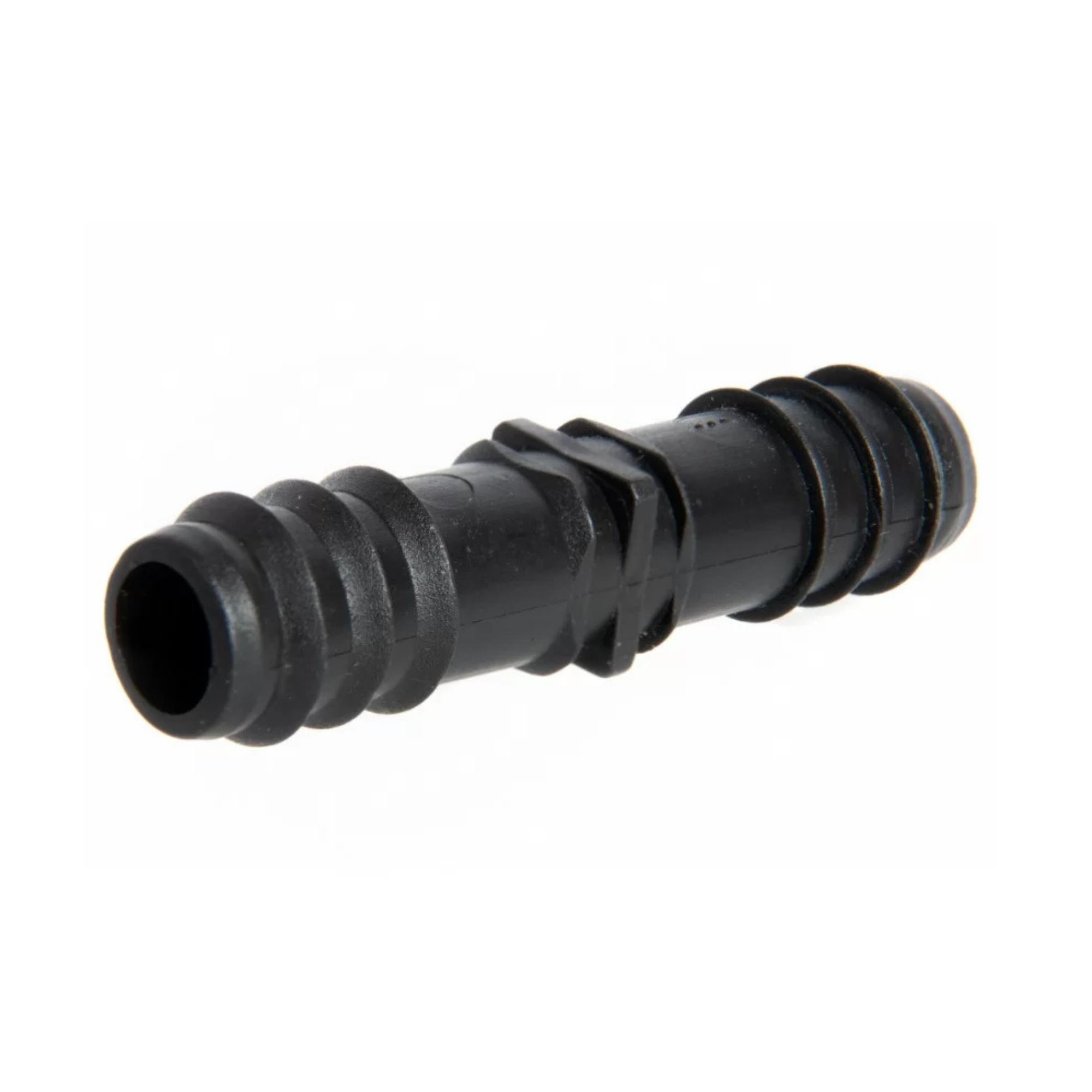 Close-up of a 16mm barbed coupler for irrigation systems, featuring a durable, ribbed design to ensure a secure, leak-proof connection between tubing sections
