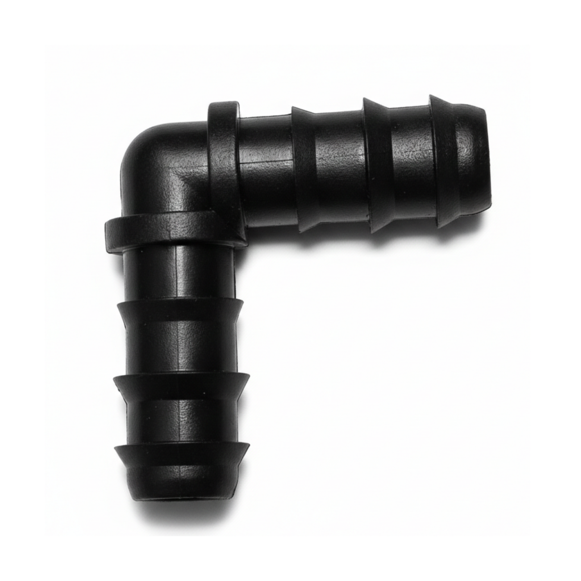 Close-up of a 6mm barbed elbow connector for irrigation systems, showcasing a sturdy, angled design that allows for secure connections at a 90-degree angle between tubing sections