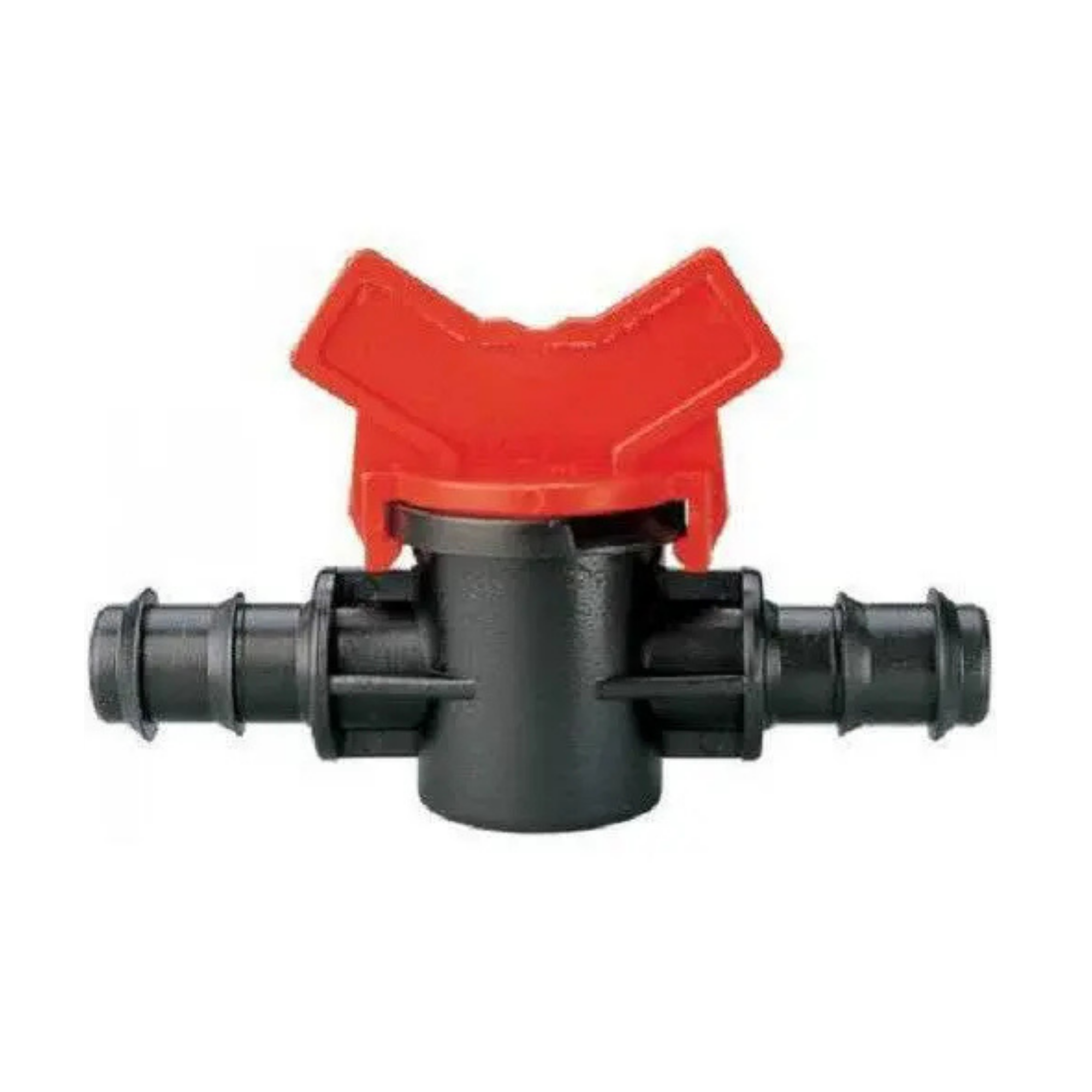 Close-up of a 16mm barbed inline manual valve for irrigation systems, featuring a ribbed design with a lever for easy flow control between sections of tubing