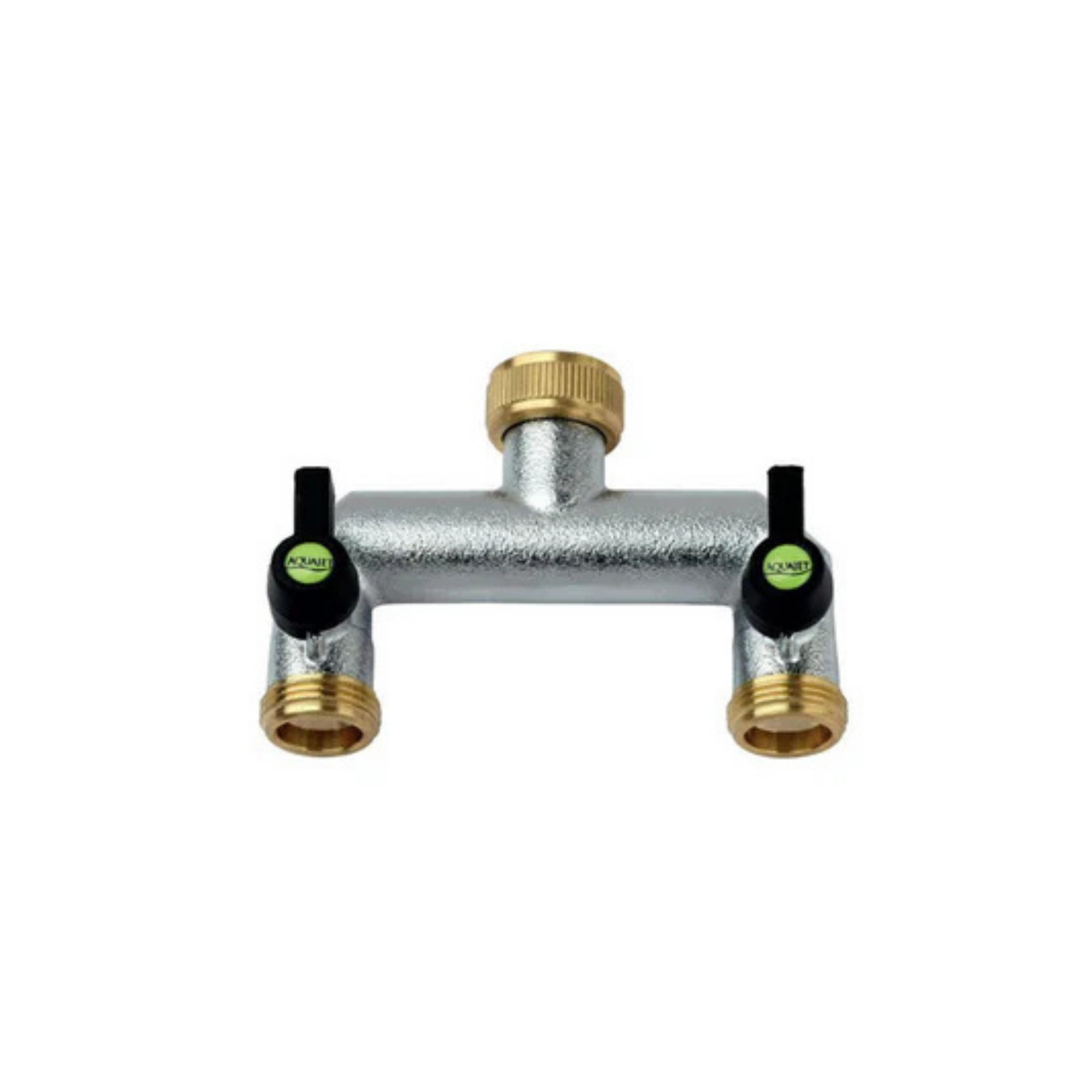 Close-up of a brass 2-way manifold, designed for irrigation systems, featuring two outlets for efficient water distribution and durable brass construction for long-lasting performance