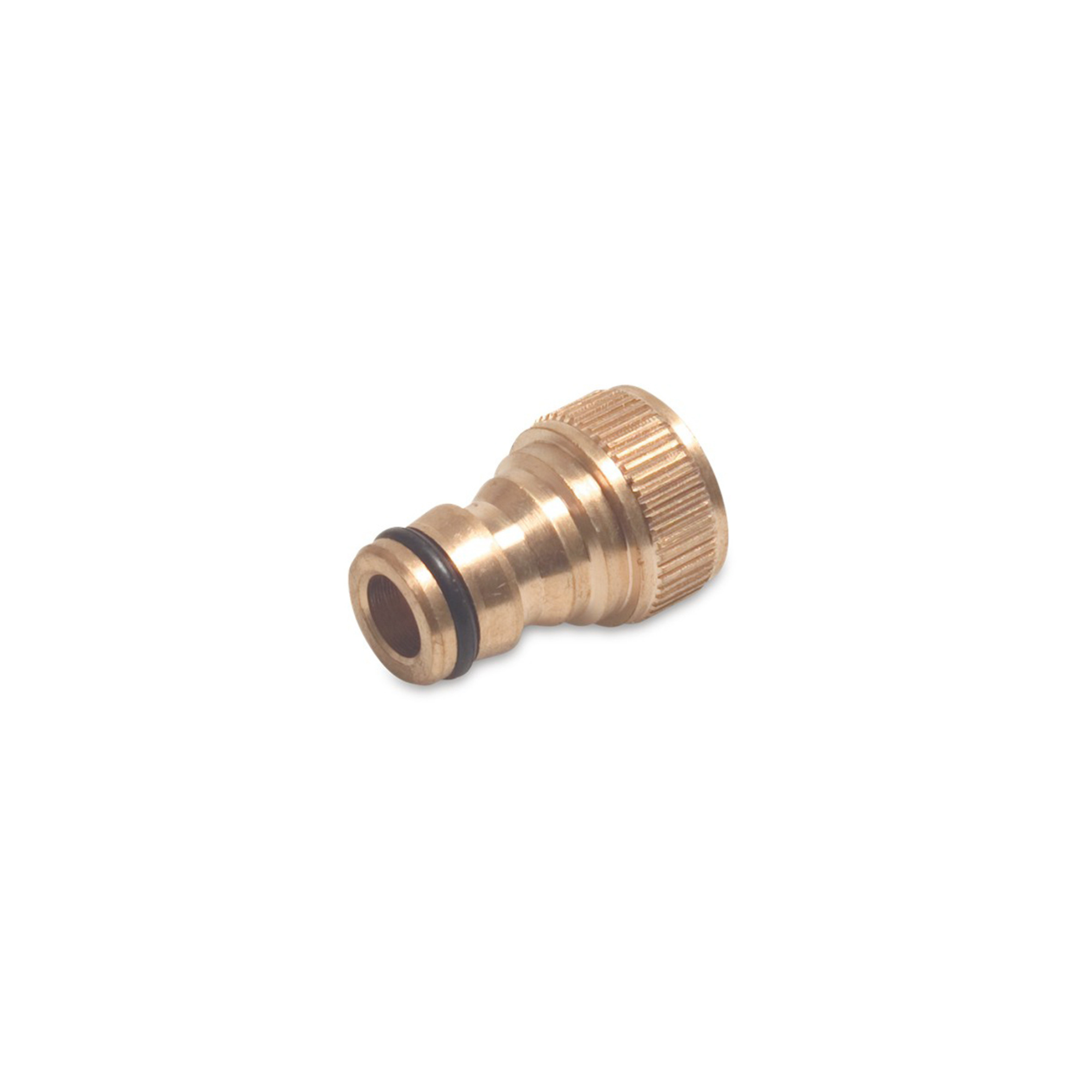 Close-up of a brass tap connector with a male click fitting, designed for easy attachment to garden hoses or irrigation systems, featuring a ¾” BSP female thread for secure connection