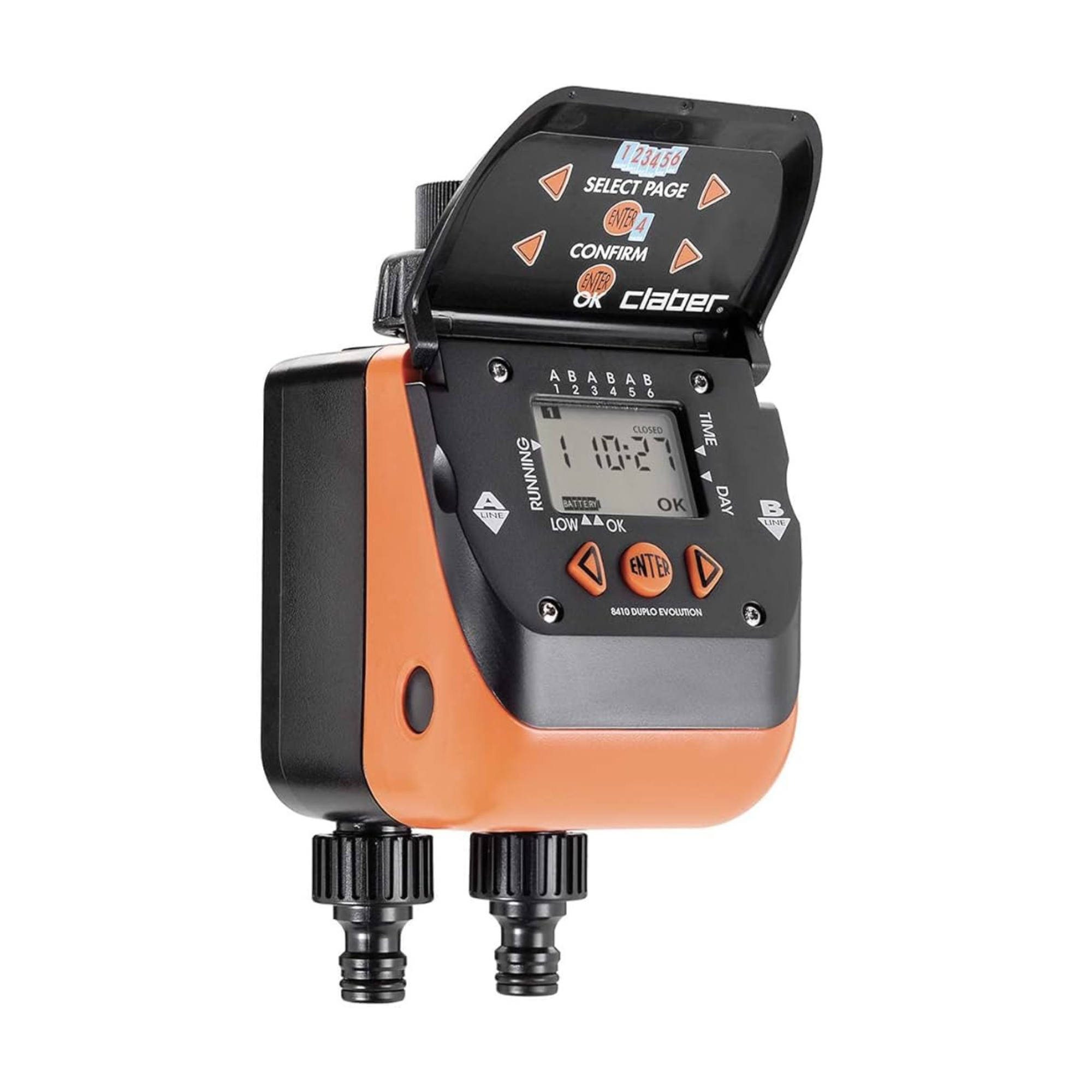 An orange and black Claber digital water conservancy device with a flip-up lid displaying status indicators and two black connector nozzles at the bottom, shown on a plain white background.