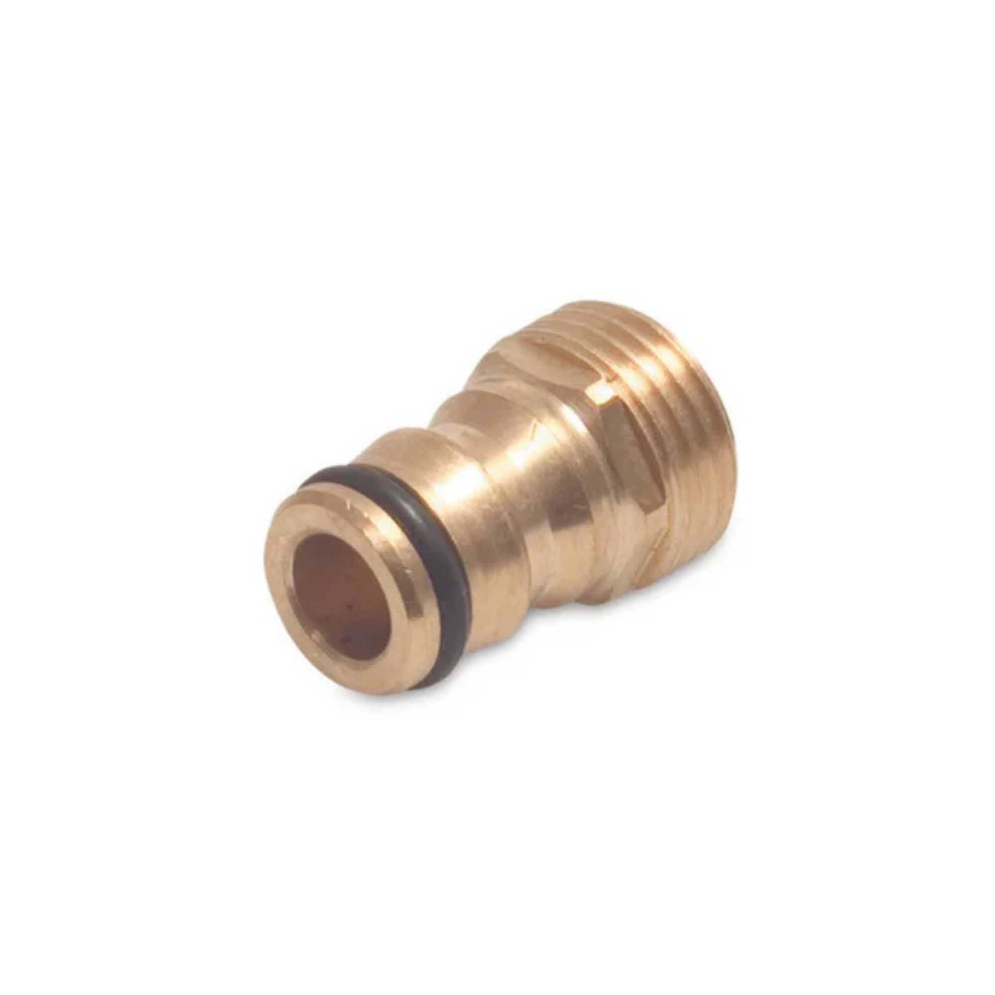 Close-up of a Click 2 brass male click connector with a ¾” BSP male thread, designed for easy and secure connections in irrigation systems, featuring durable construction for reliable performance
