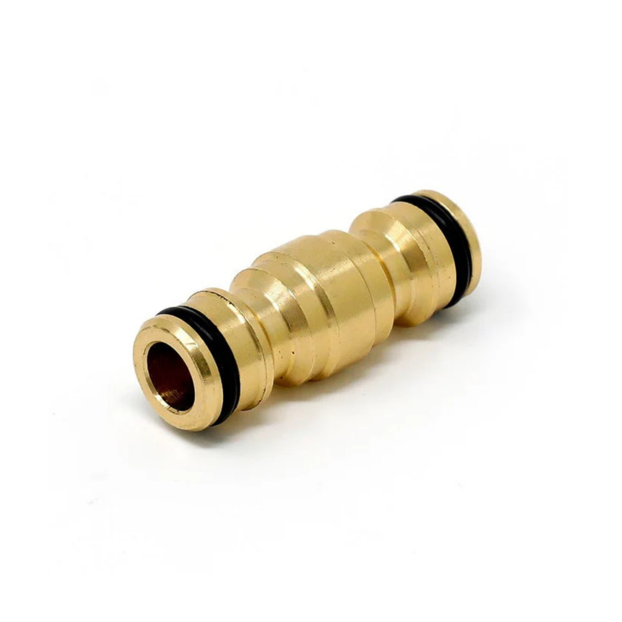 Close-up of a Click 9 brass male click connector featuring two male ends, designed for easy and secure connections in irrigation systems, showcasing robust construction for reliable durability