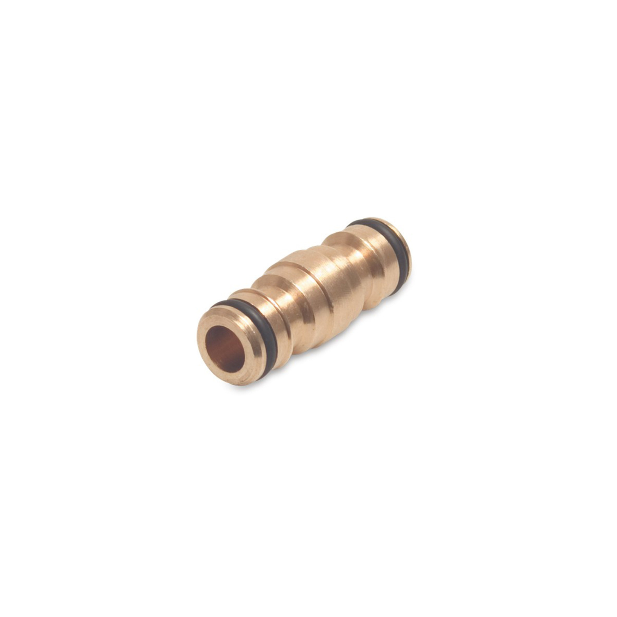 Close-up of a Click 9 brass male click connector featuring two male ends, designed for easy and secure connections in irrigation systems, showcasing robust construction for reliable durability