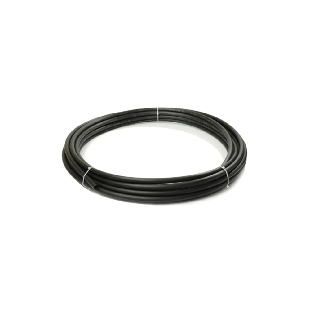 Close-up of a distribution leader tube, designed for micro-irrigation systems, featuring a flexible, durable construction for efficient water delivery from main lines to individual emitters