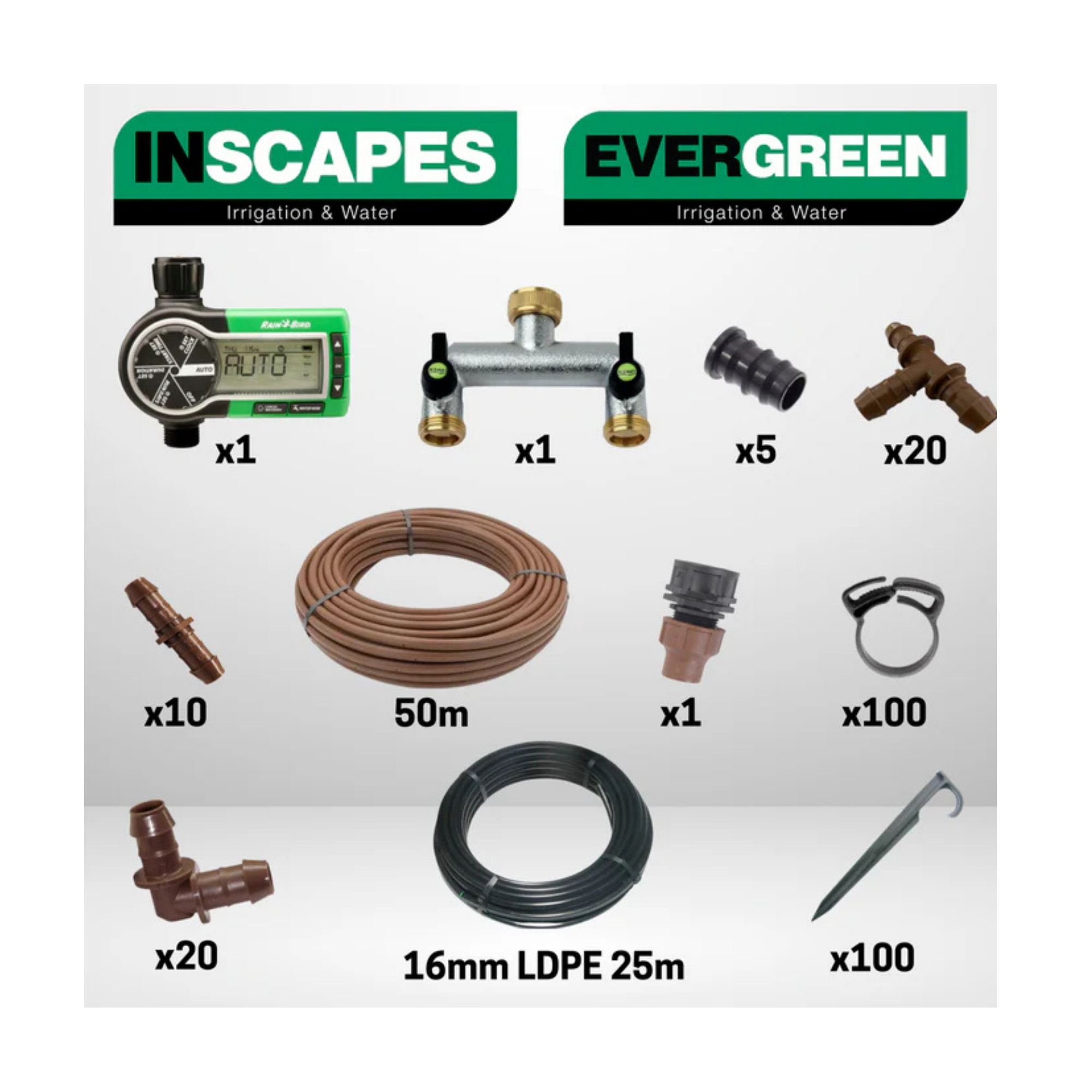 Collection of irrigation and water dripline products with INSCAPES and EVERGREEN branding on a white background.
