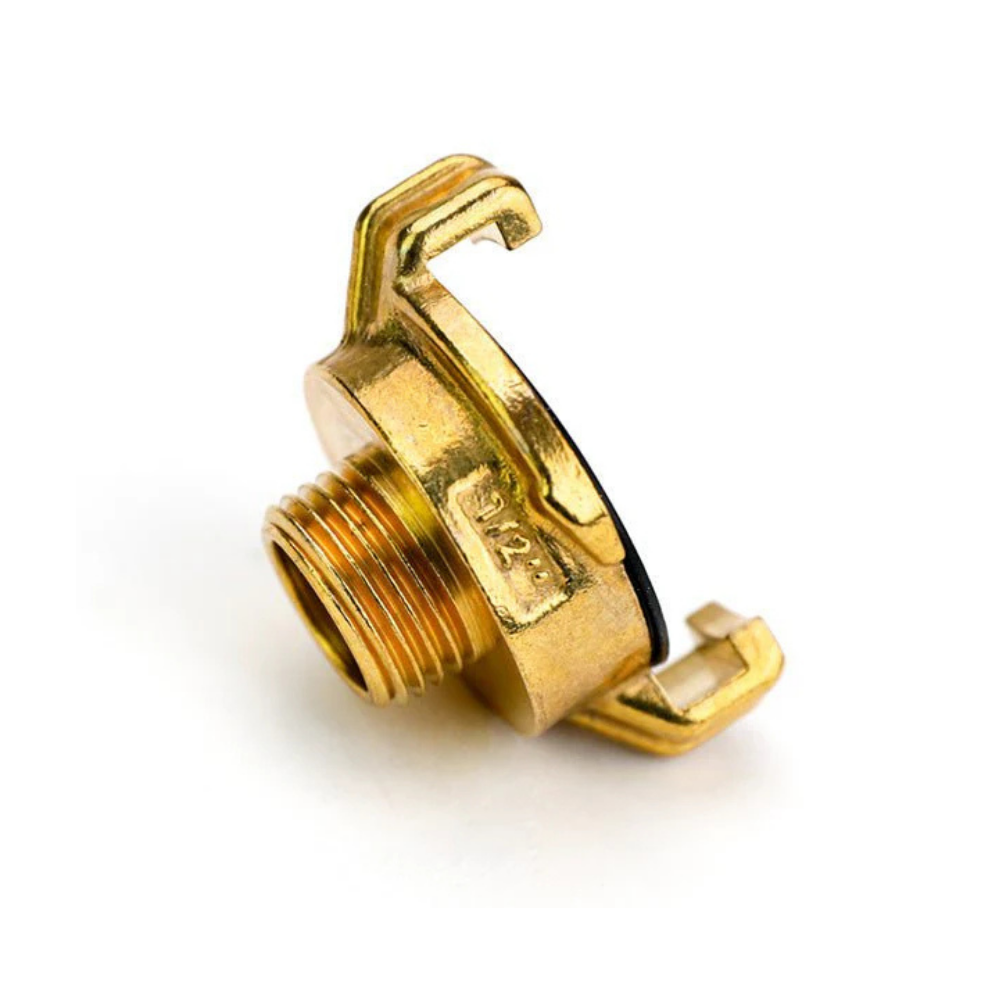 Close-up of a Geka fitting, designed as an adapter to ¾” BSPM featuring durable construction for secure connections in irrigation systems and ensuring reliable water flow