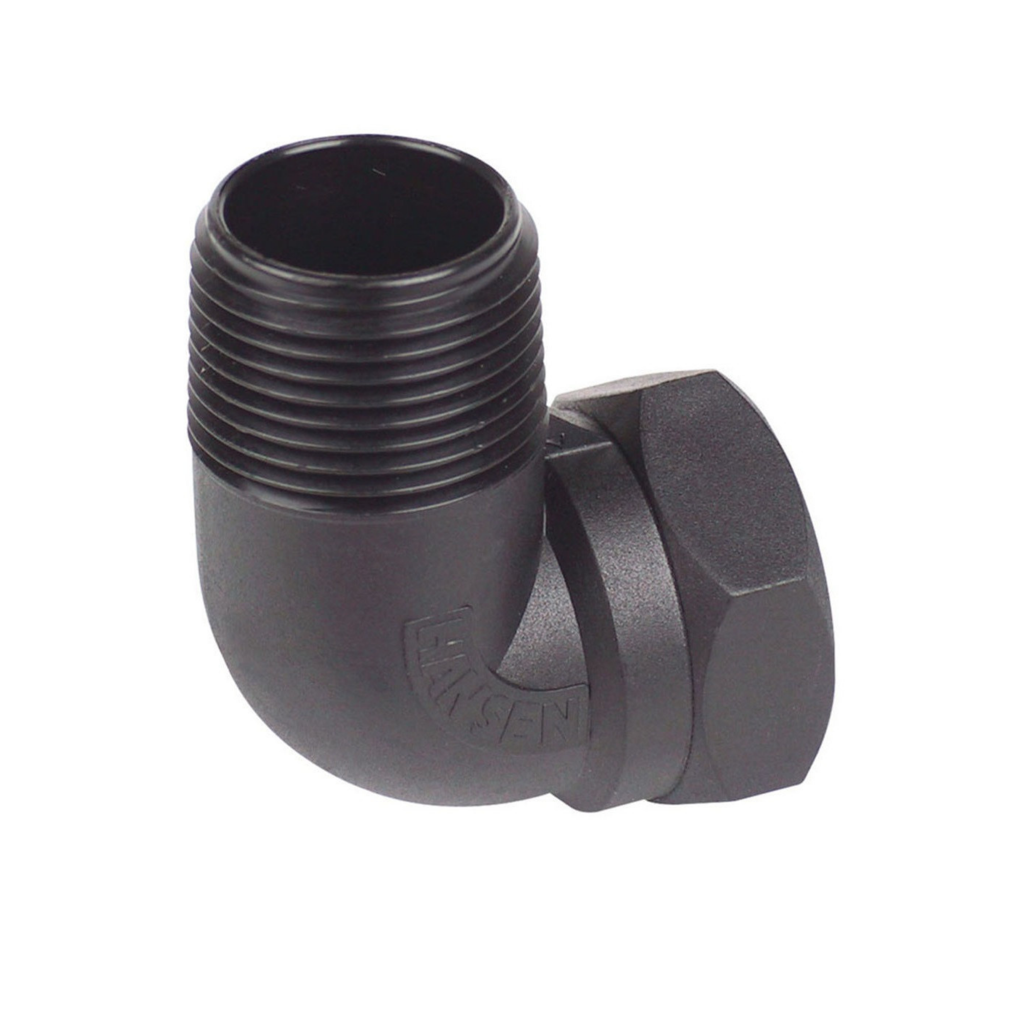Close-up of a Hansen nylon threaded male/female elbow, designed for changing the direction of pipes in irrigation systems, featuring durable construction for secure connections and reliable performance