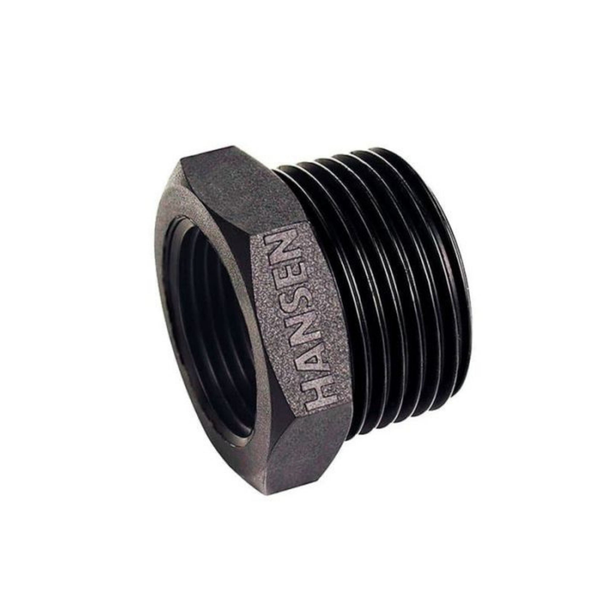 Close-up of a Hansen nylon threaded reducer bush, designed to connect pipes of different sizes in irrigation systems, featuring durable construction for reliable and secure fittings