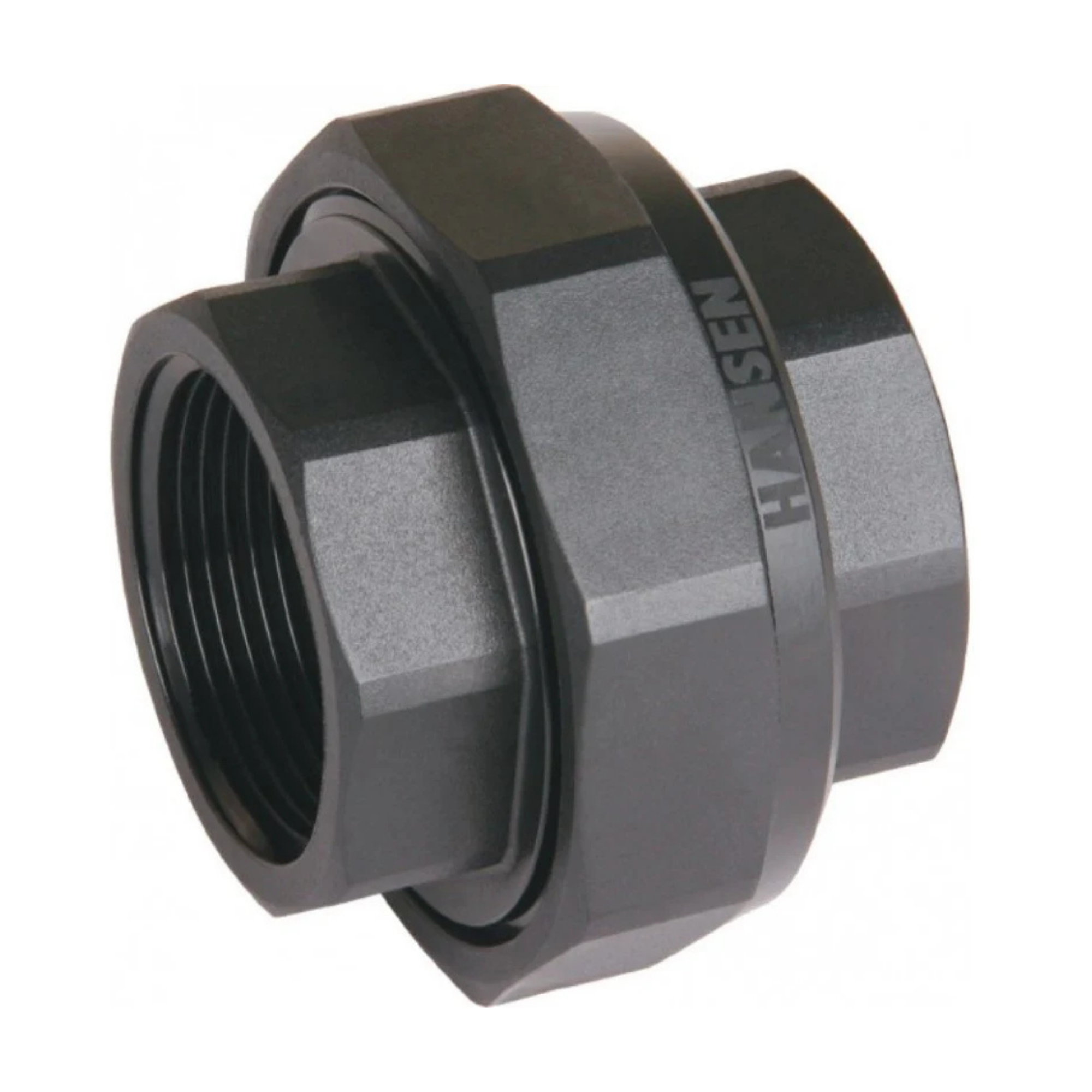 Close-up of a Hansen nylon threaded union, designed for easily connecting and disconnecting two sections of pipe in irrigation systems, featuring durable construction for secure and leak-proof performance