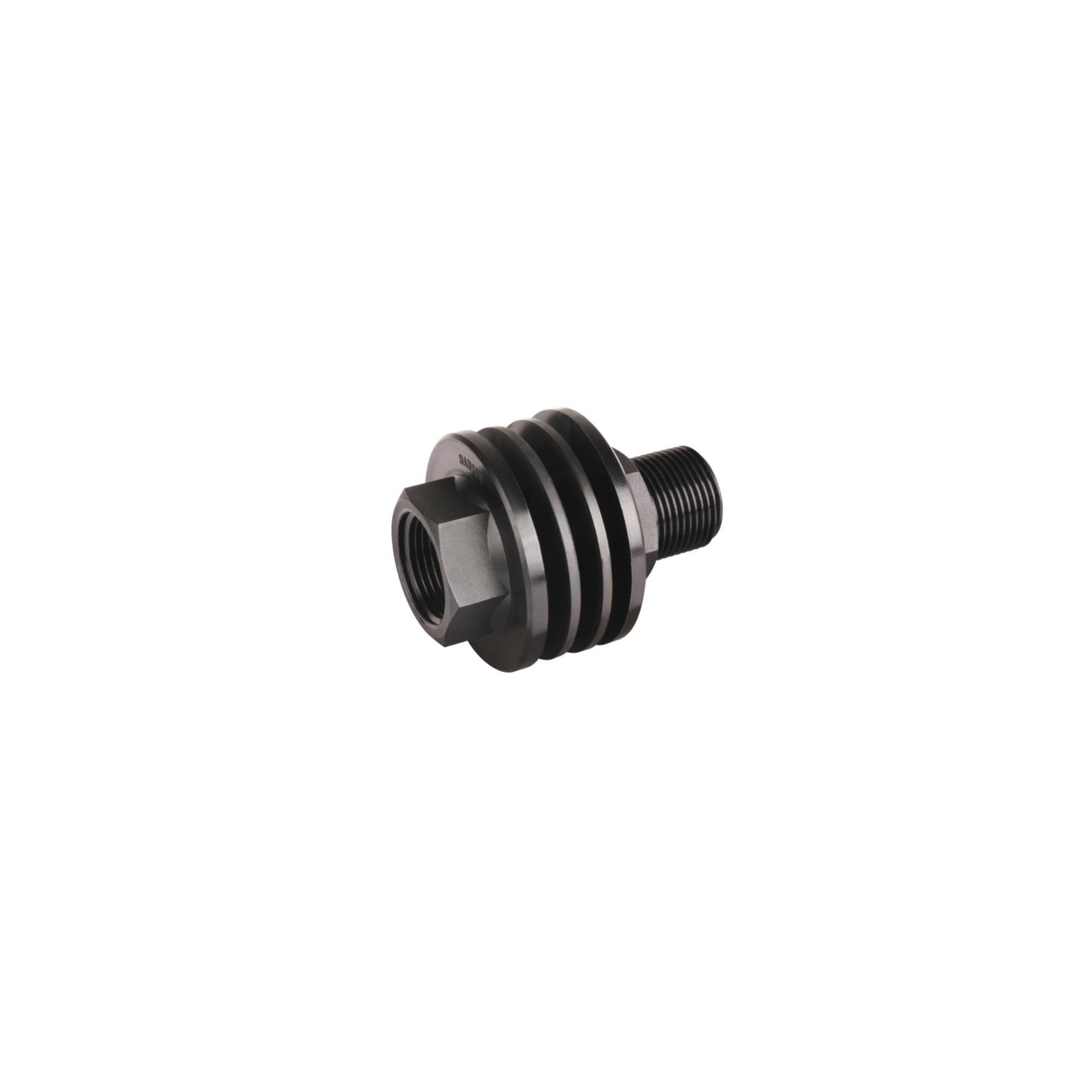 Close-up of a Hansen nylon threaded tank connector, designed for secure connections in irrigation systems, featuring durable, lightweight construction for reliable performance and easy installation