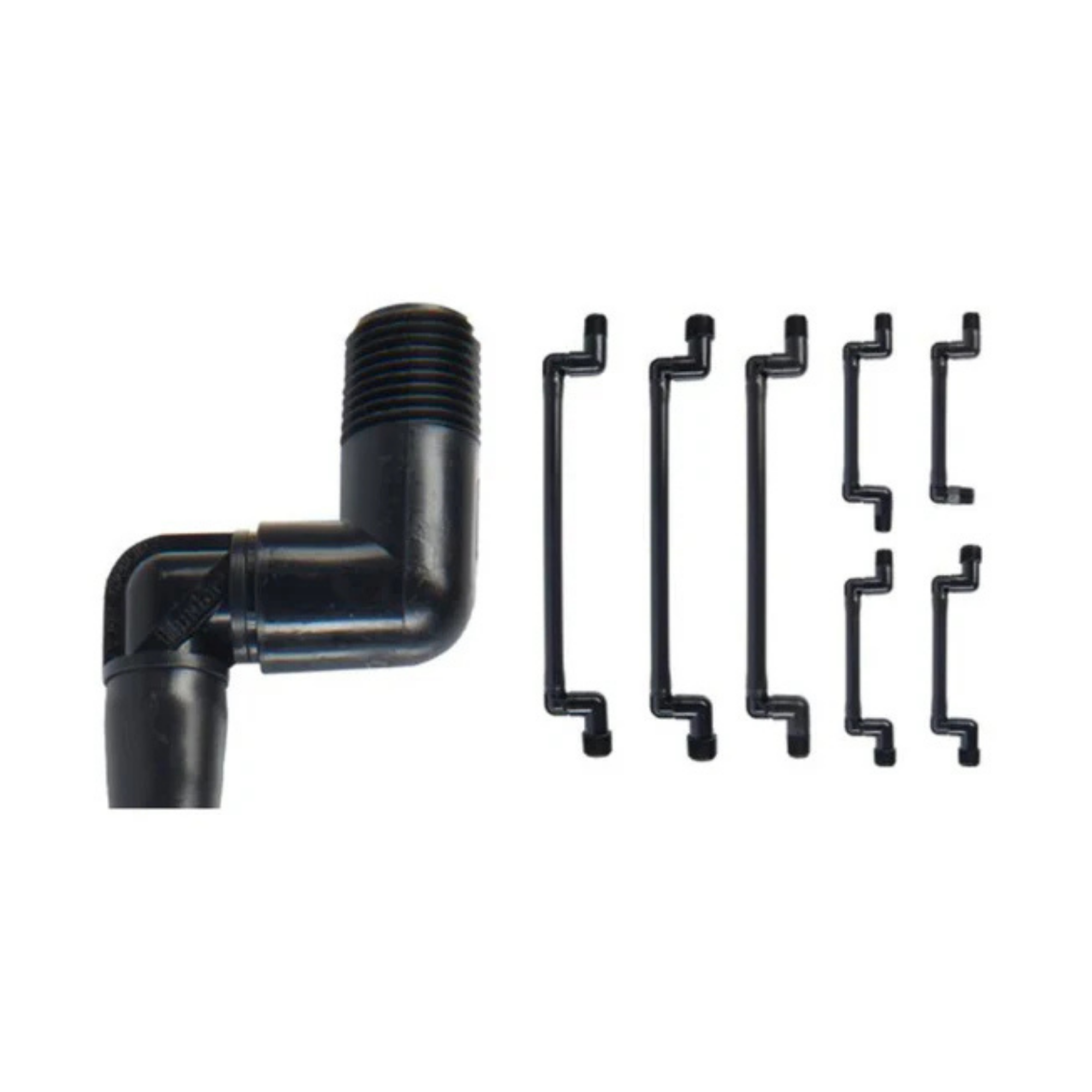 Black Hunter swing joint fittings for flexible irrigation sprinkler connections and installation adjustments.
