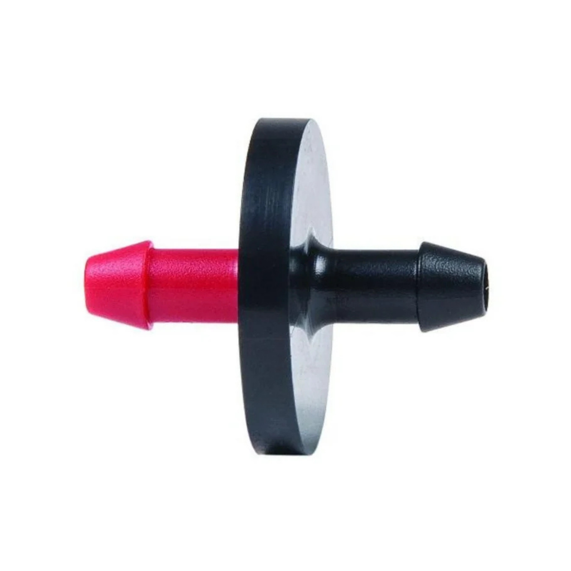 An inline dripper with a black body and red end caps designed for micro irrigation systems.