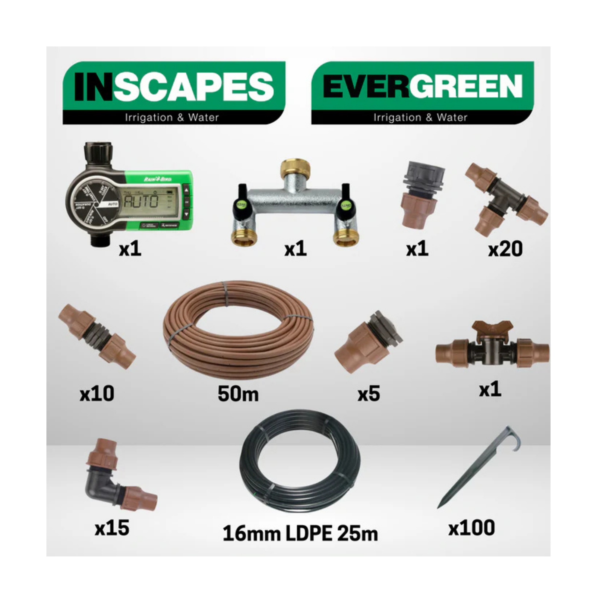 Collection of irrigation and water dripline products with INSCAPES and EVERGREEN branding on a white background.