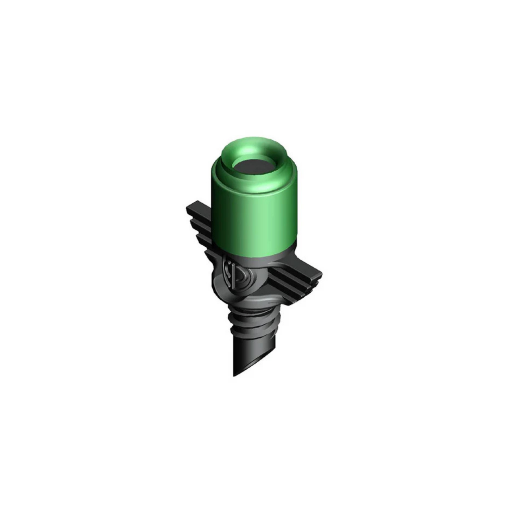 An illustration of a green and black micro vortex nozzle attached to a riser stake.
