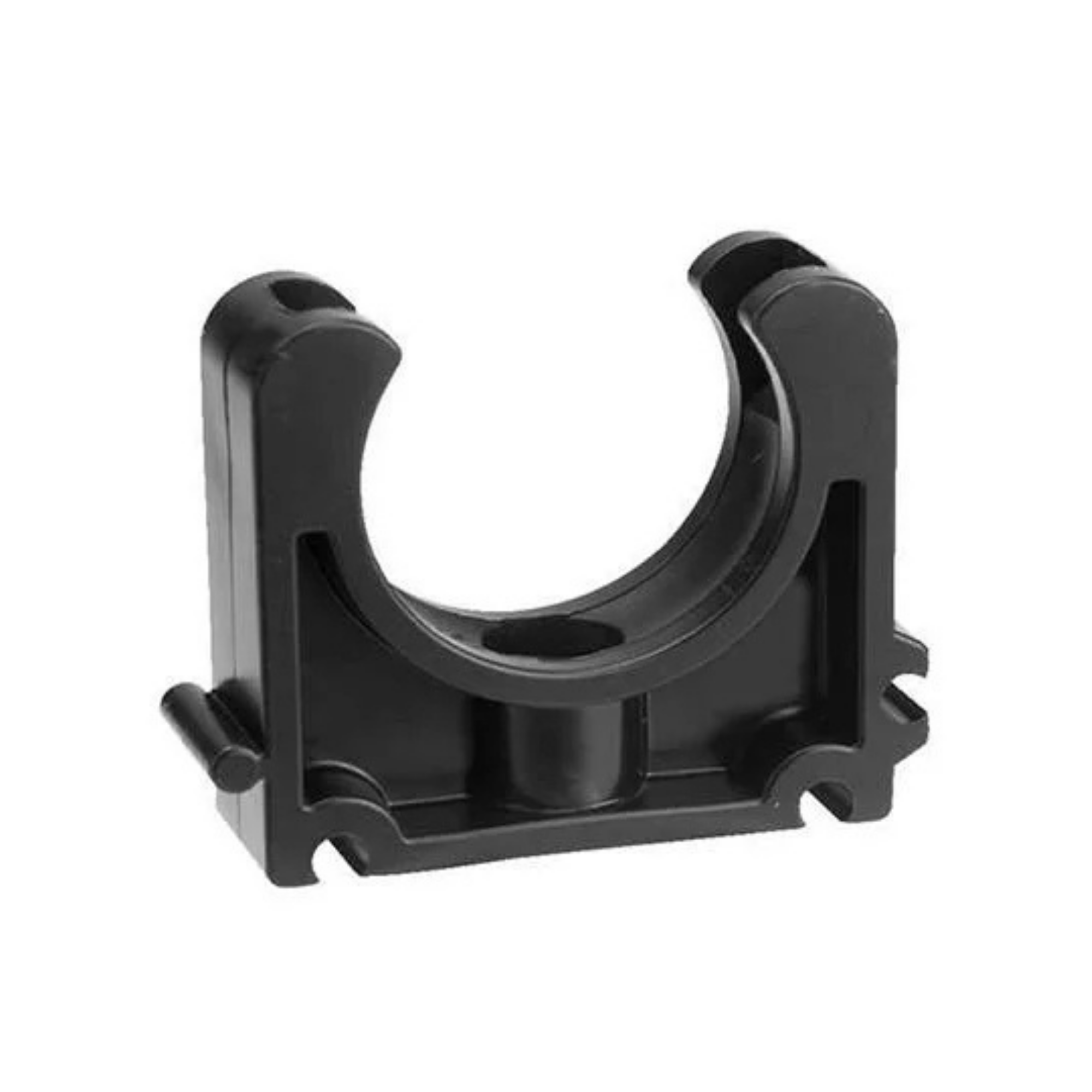 A black plastic pipe clamp for mounting MDPE pipes shown on a plain white background.