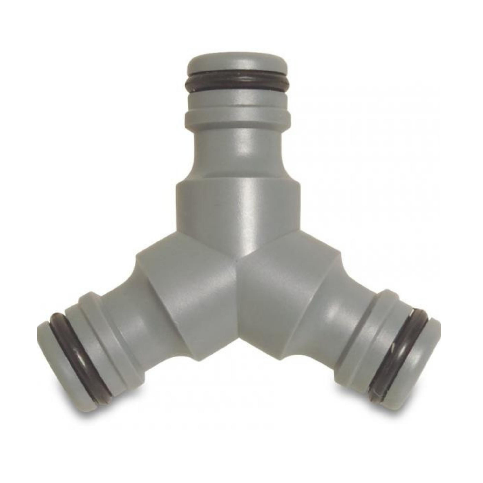 Close-up of a PVC 3-way click distributor male in grey, designed for efficient water distribution in irrigation systems, featuring a durable construction for secure connections and reliable performance