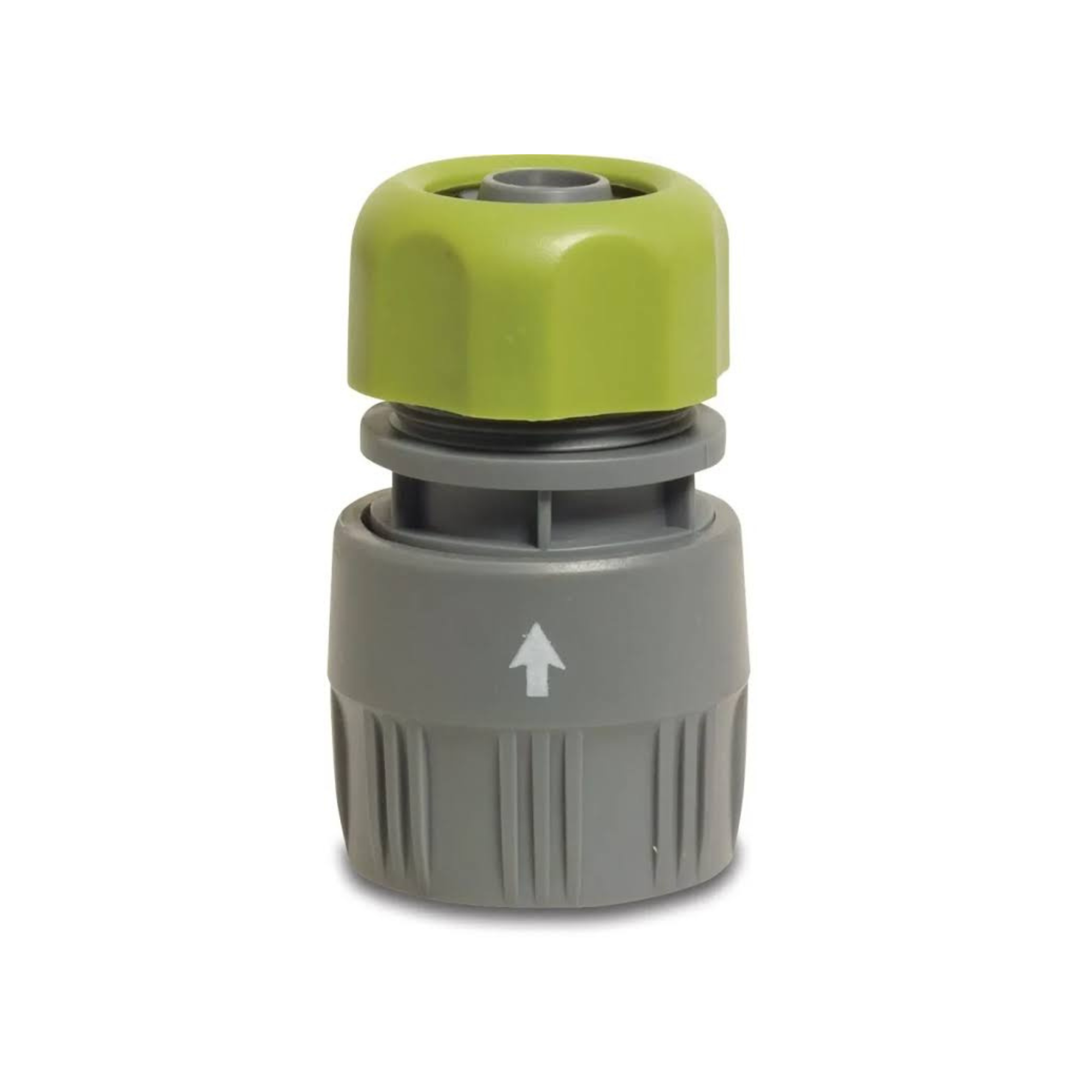 Close-up of a PVC click connector, 12mm compression x female, in grey and green, designed for secure connections in irrigation systems, featuring durable construction for reliable performance
