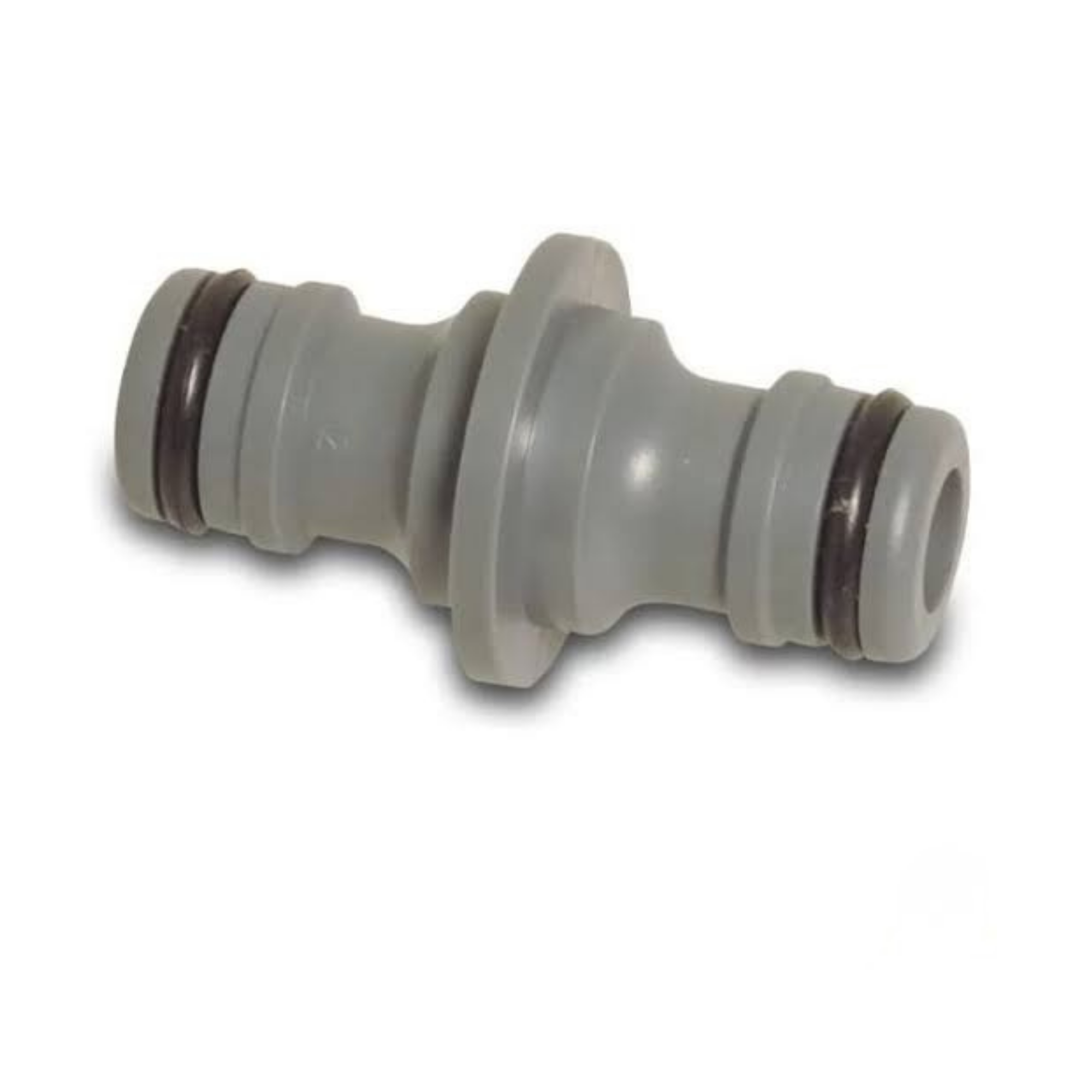 Close-up of a PVC click connector, male x male, in grey, designed for easy and secure connections in irrigation systems, featuring a durable construction for reliable performance