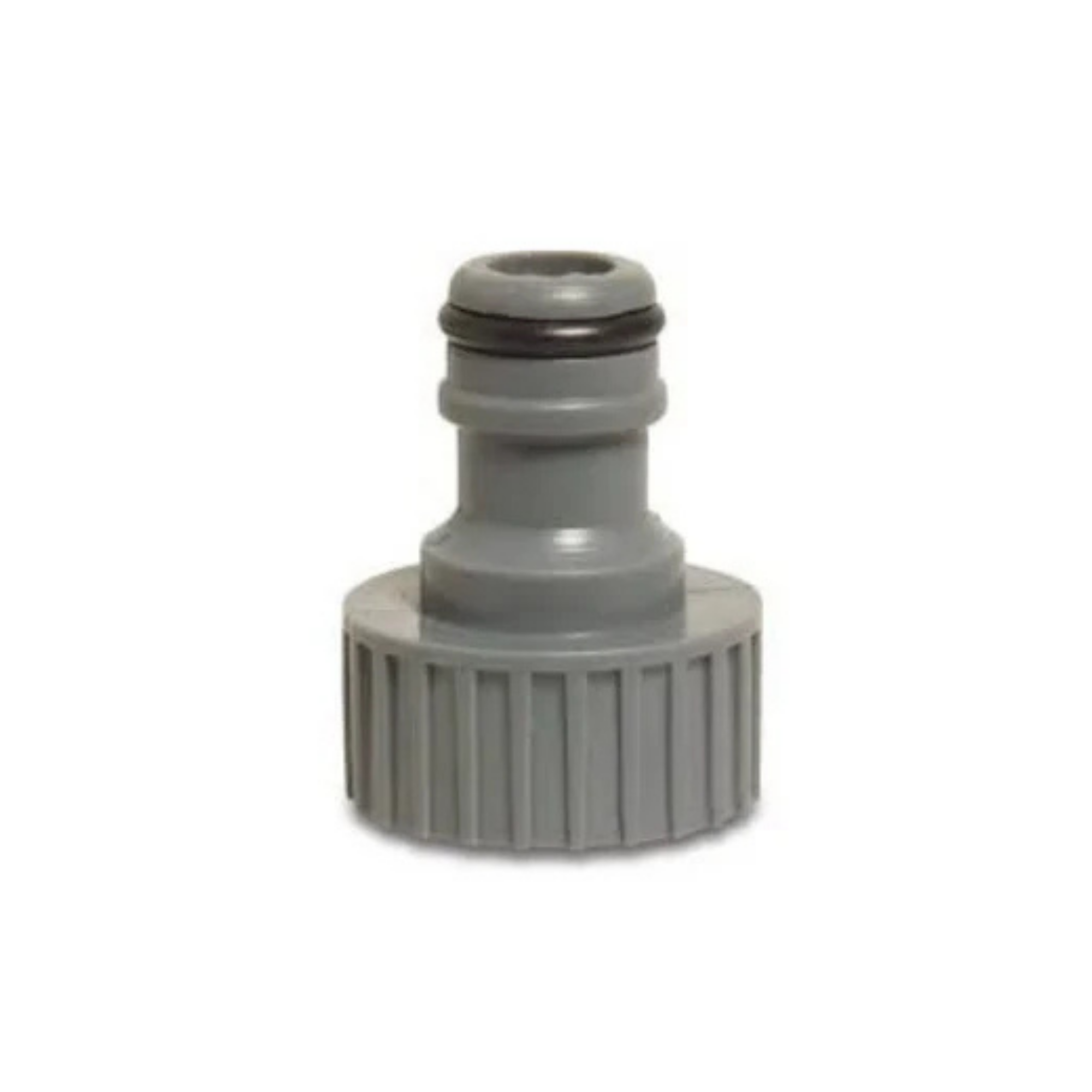 Close-up of a PVC click connector, ½” BSP female x male, in grey, designed for easy and secure connections in irrigation systems, featuring durable construction for reliable performance