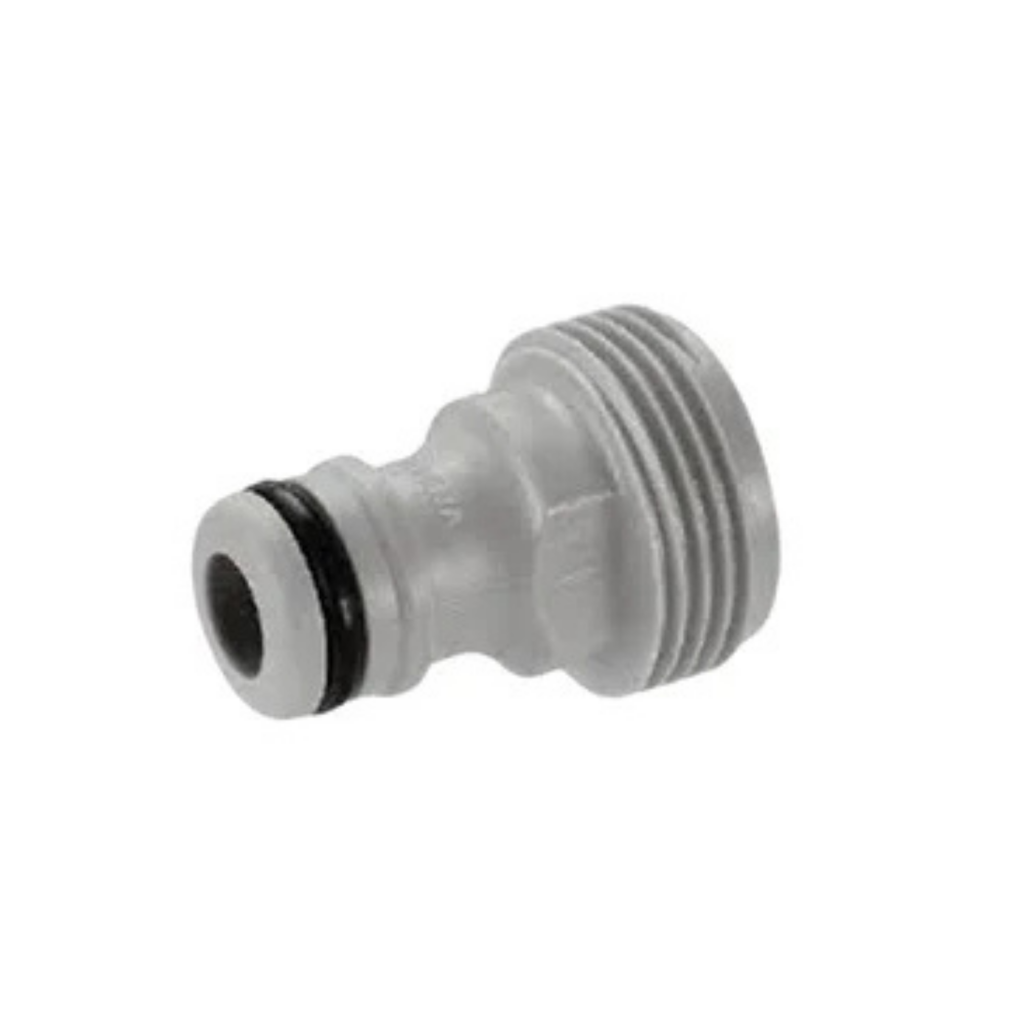 Close-up of a PVC click connector, ¾” BSP male x male, in grey, designed for easy attachment and secure connections in irrigation systems, featuring a durable construction for long-lasting use