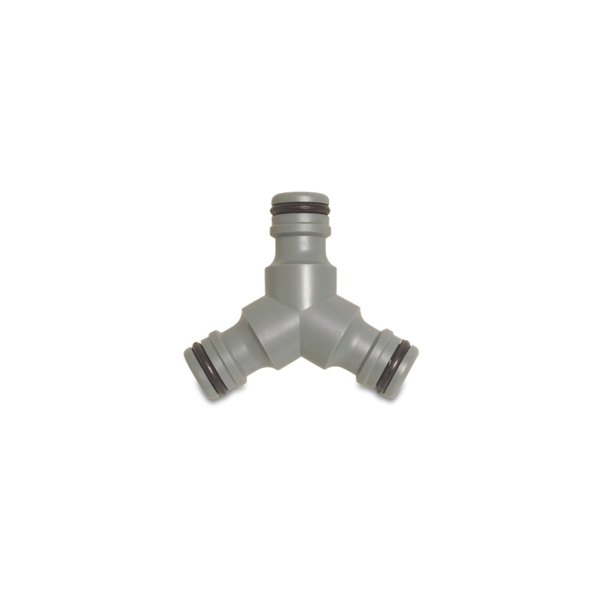 Close-up of a PVC 3-way click distributor male in grey, designed for efficient water distribution in irrigation systems, featuring a durable construction for secure connections and reliable performance
