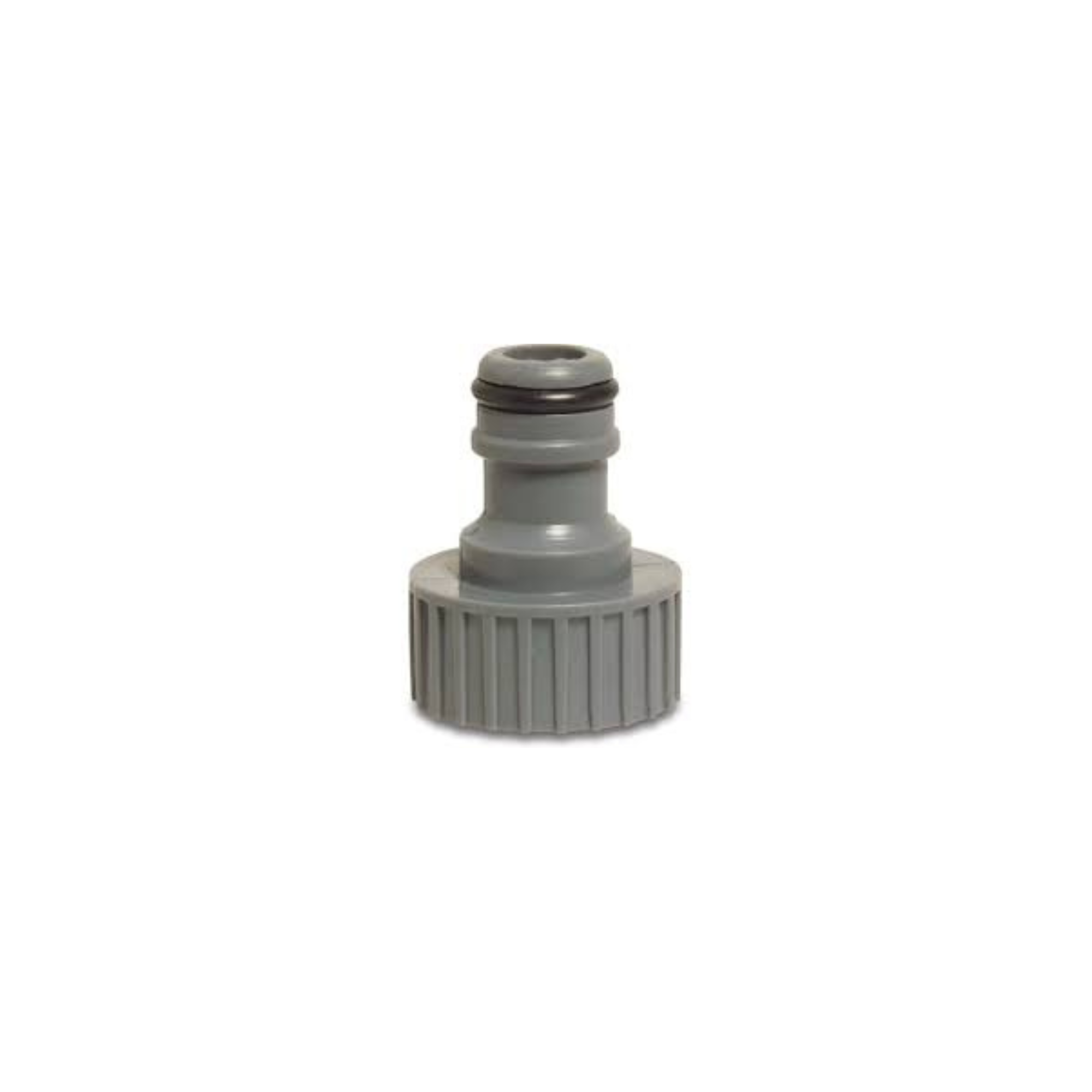 Close-up of a PVC click connector, ¾” BSP female x male, in grey, designed for quick and secure connections in irrigation systems, featuring durable construction for reliable performance