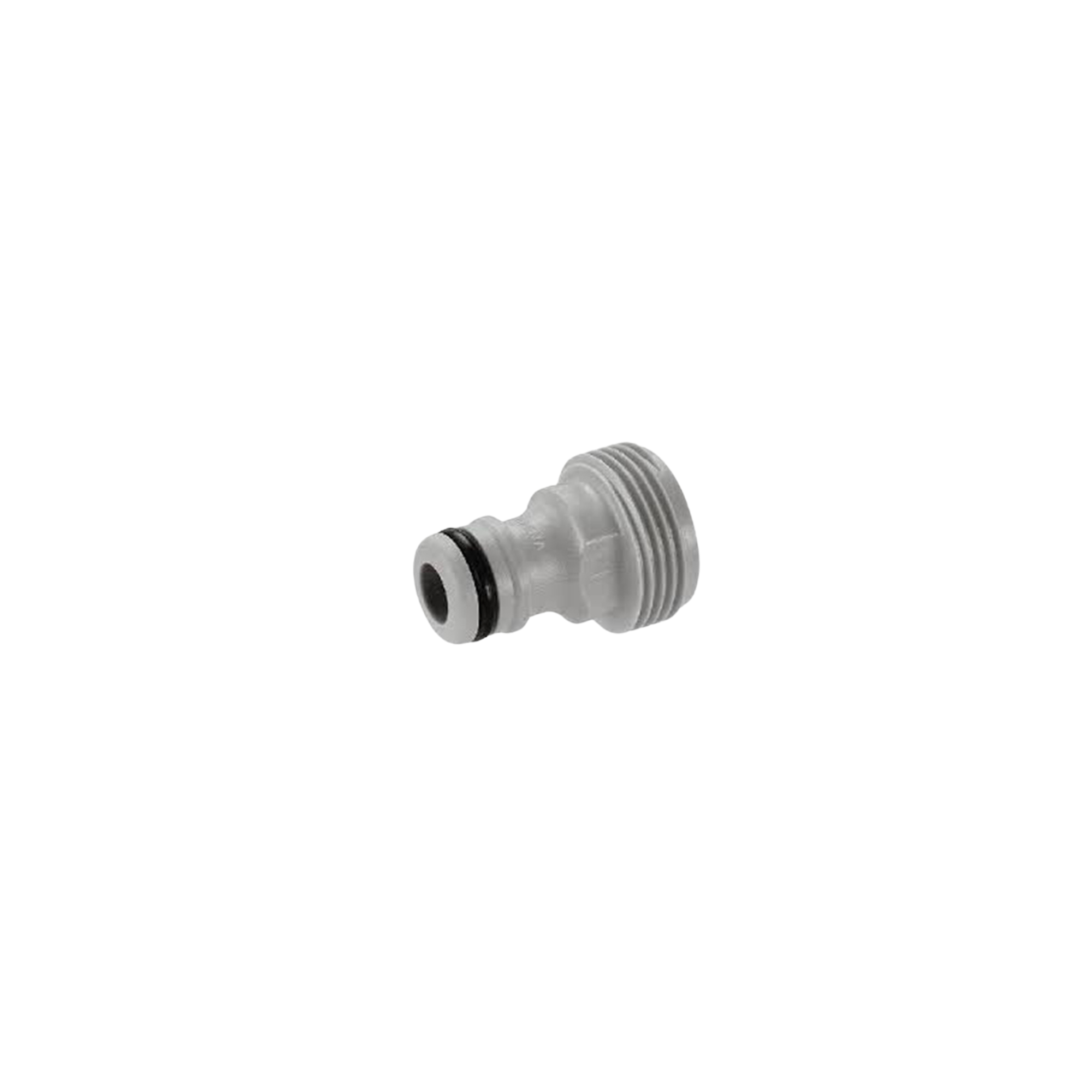 Close-up of a PVC click connector, ¾” BSP male x male, in grey, designed for easy attachment and secure connections in irrigation systems, featuring a durable construction for long-lasting use
