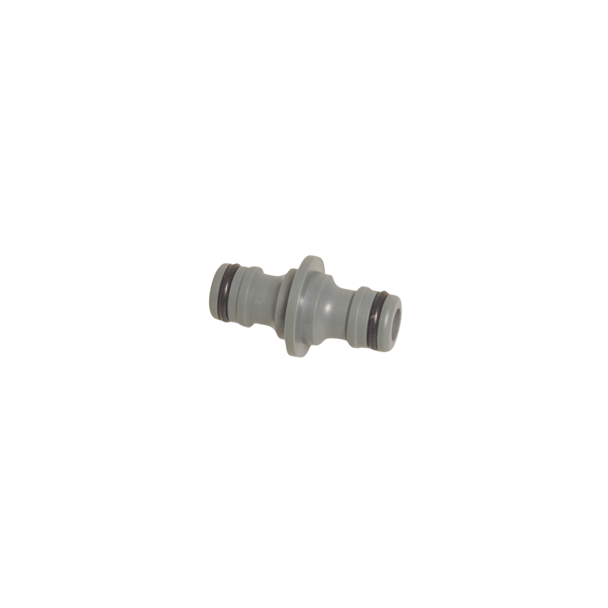Close-up of a PVC click connector, male x male, in grey, designed for easy and secure connections in irrigation systems, featuring a durable construction for reliable performance