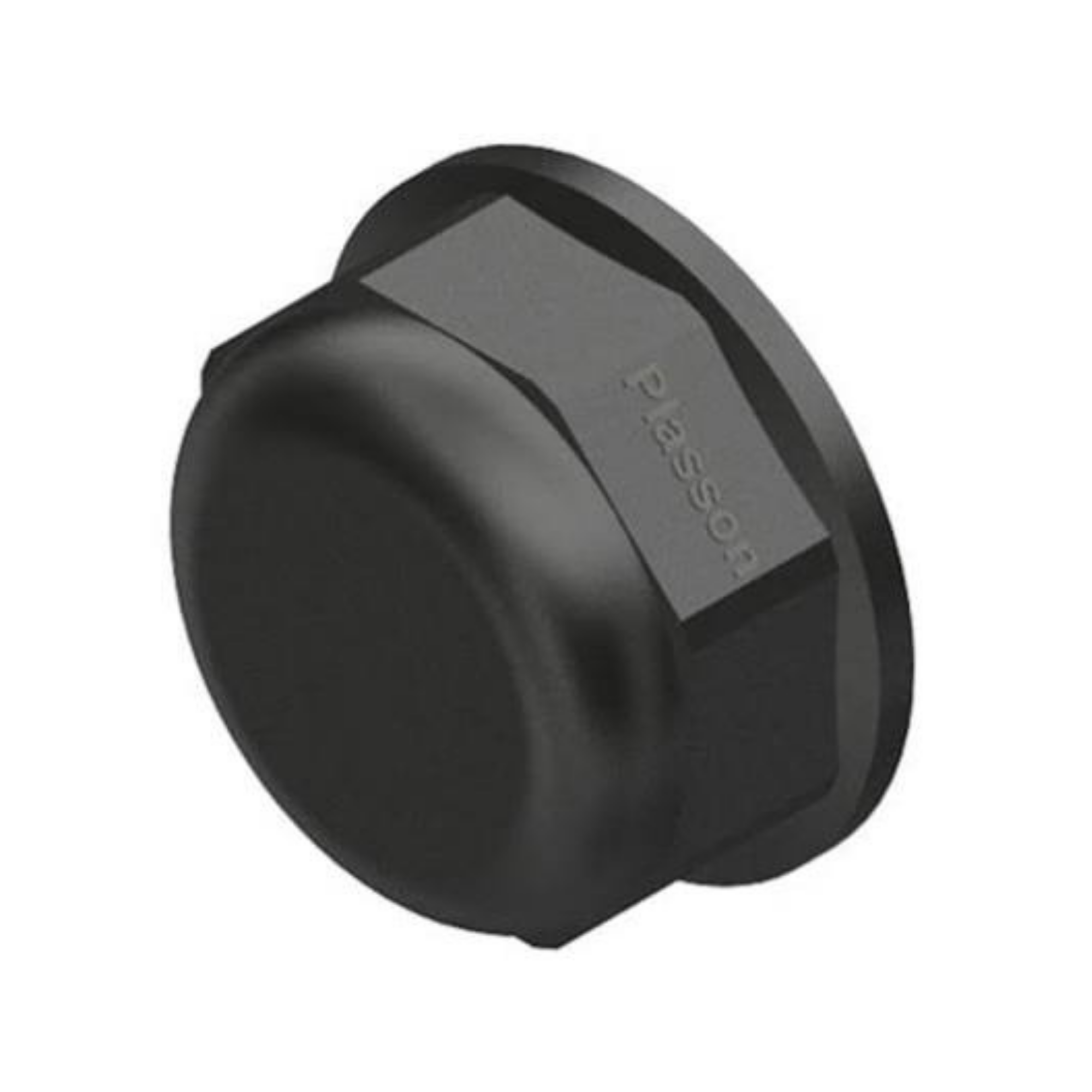Close-up of a Plasson threaded cap, designed to securely seal pipe ends in irrigation systems, featuring durable construction for leak prevention and reliable performance