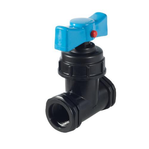 Close-up of a Plasson threaded stop tap, featuring a robust design for controlling water flow in irrigation systems, equipped with threaded connections for easy installation
