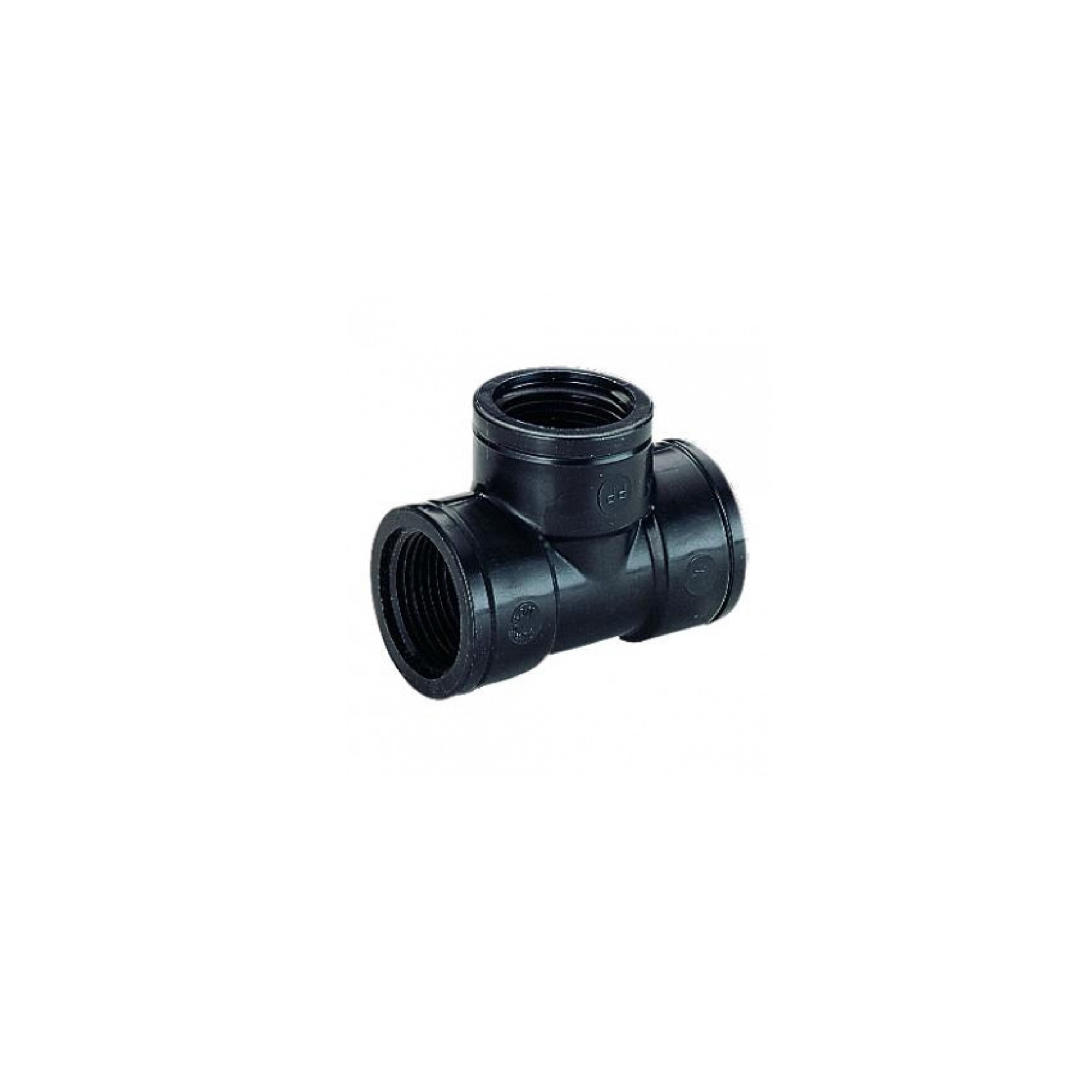 Close-up of a Plasson threaded tee, designed for connecting three sections of pipe in irrigation systems, featuring durable construction for secure and reliable fittings