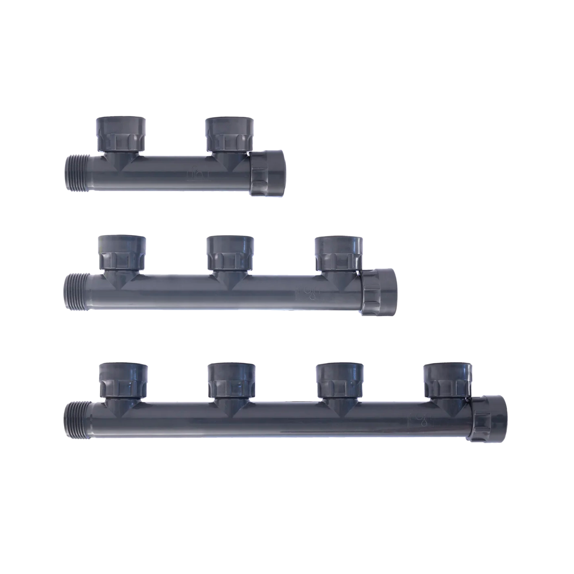 Image of plastic modular manifolds, designed for irrigation systems, showcasing a customizable, multi-port design for easy connection and efficient water distribution to multiple zones