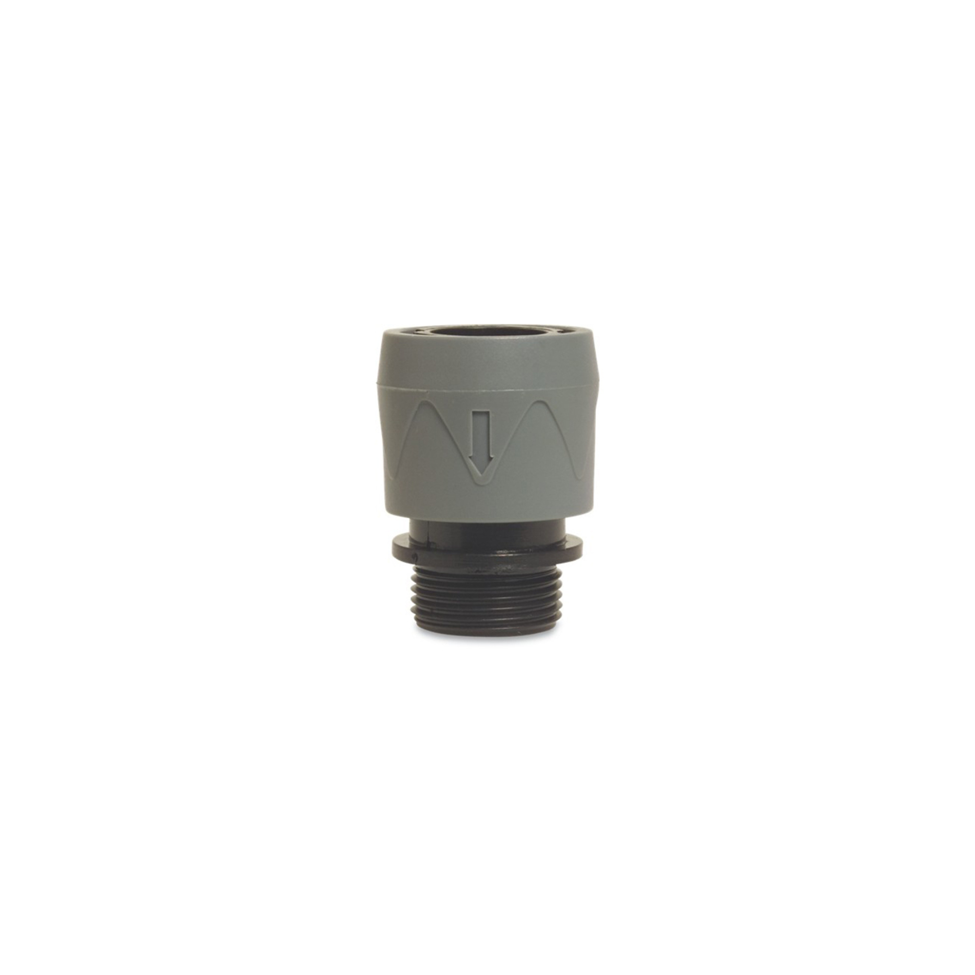 Close-up of a plastic click connector, ¾” BSP male x female, in grey and black, designed for easy and secure connections in irrigation systems, featuring durable construction for reliable performance
