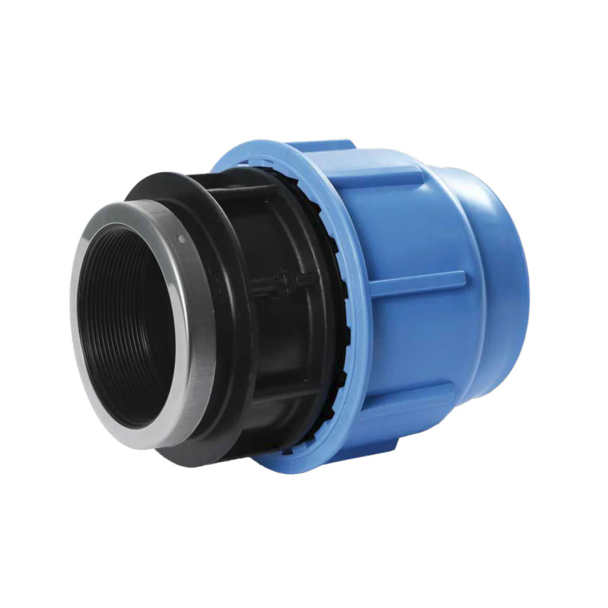 Poly compression female adapter for connecting poly irrigation pipe to threaded fittings and components