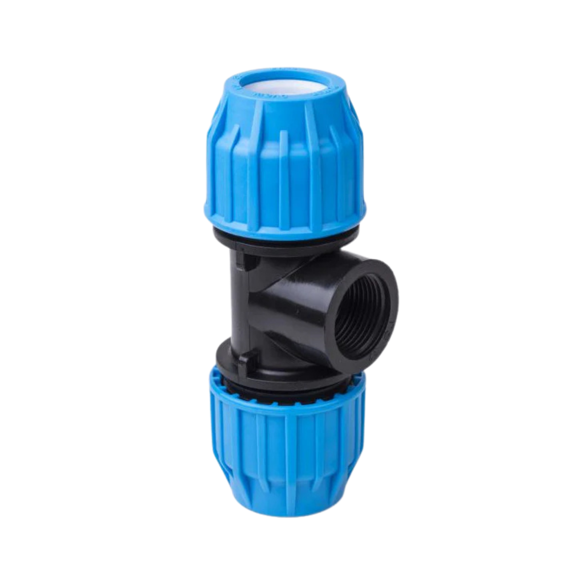 A plastic T-shaped pipe fitting with blue-gray threaded connectors and a black center body, shown on a plain white background.