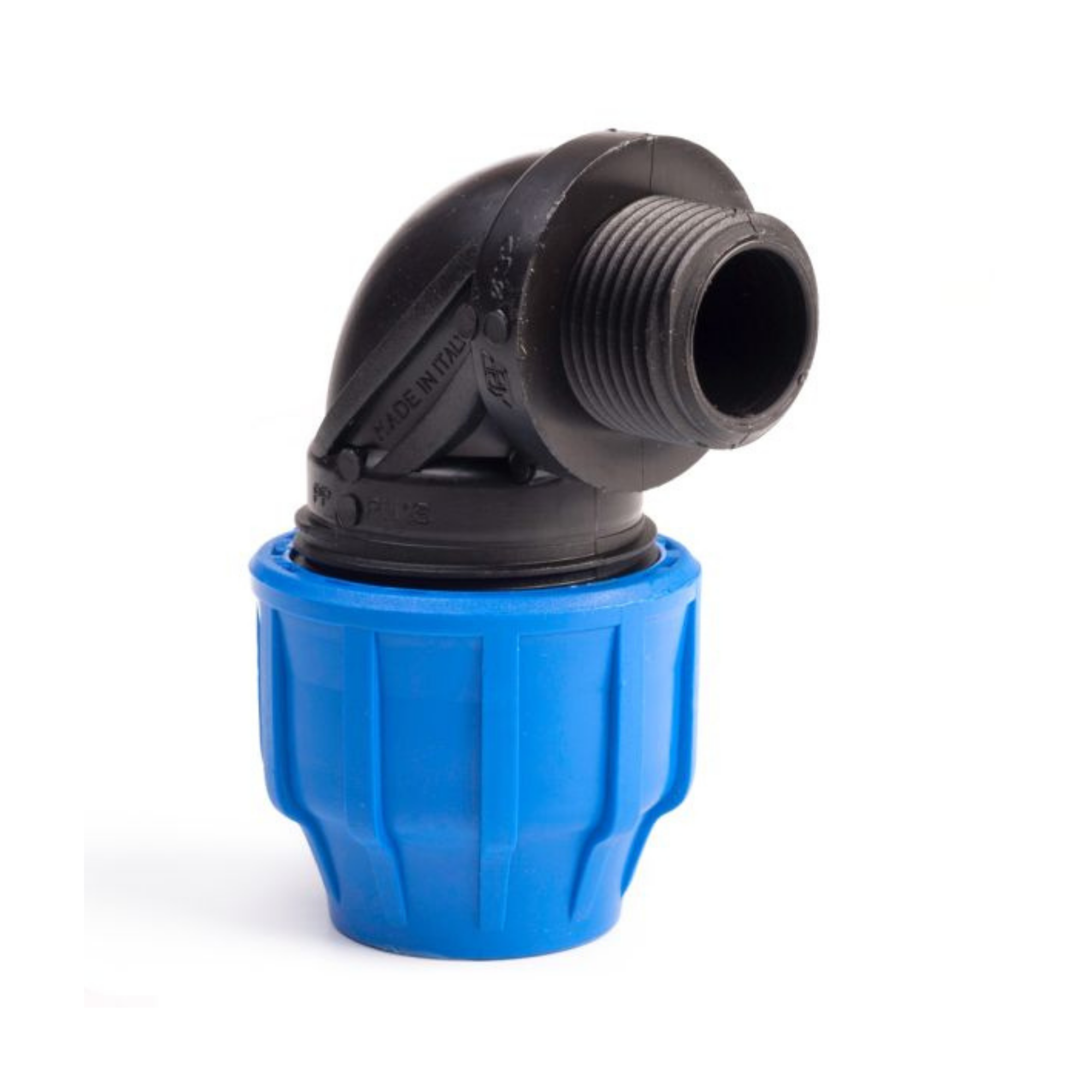 A black plastic elbow pipe fitting with a blue threaded cap, shown on a white background.