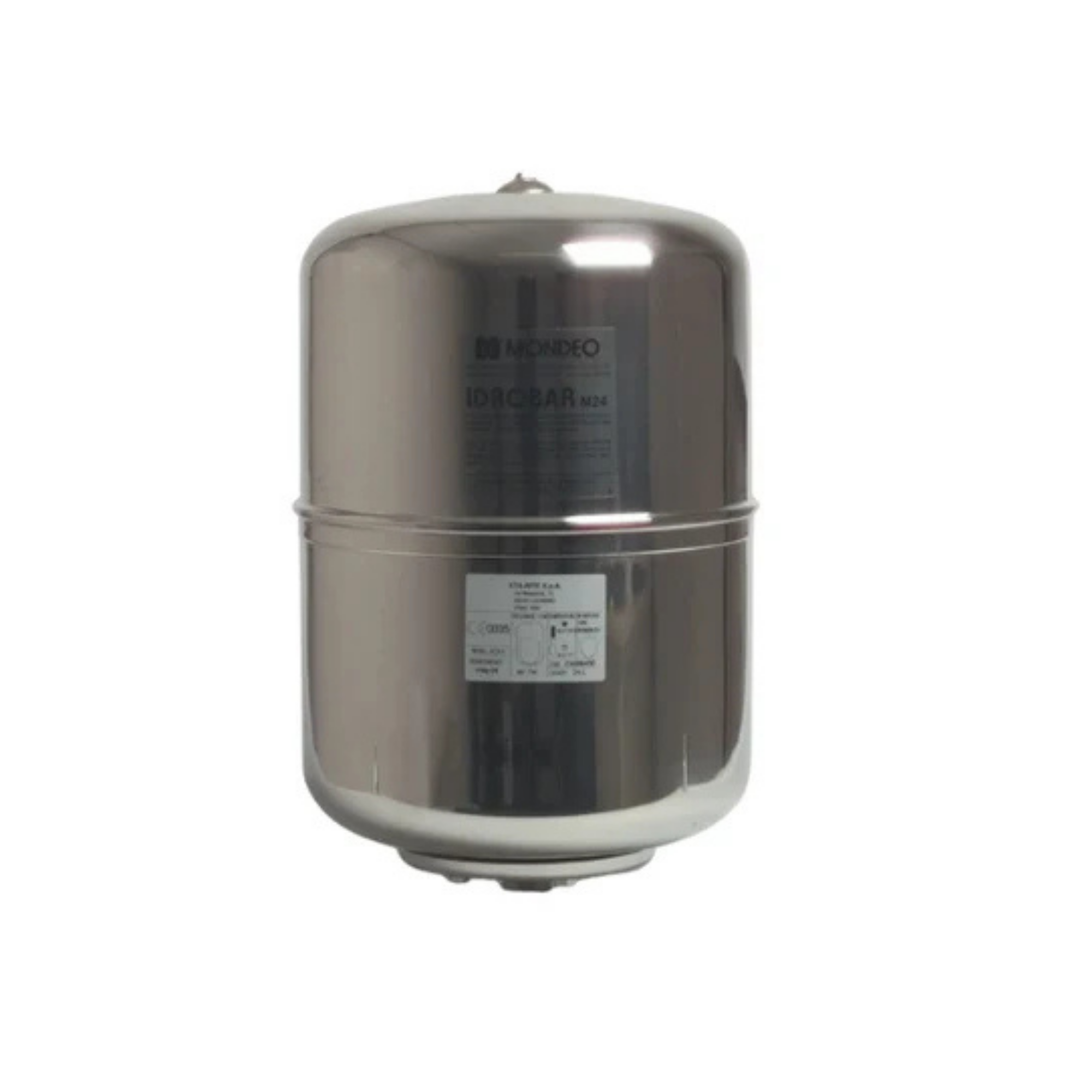 Silver/grey stainless steel pressure tank vertical on a white background