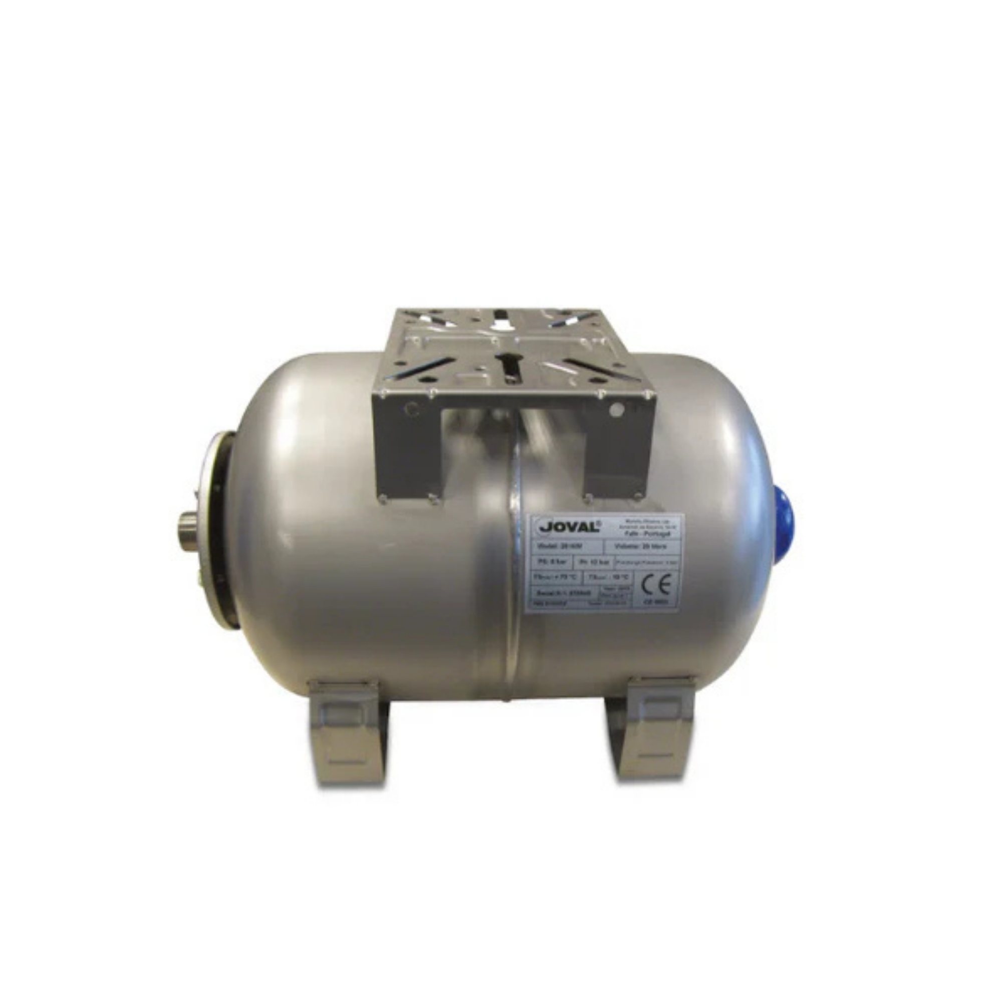 A stainless steel 12 bar pressure tank on a white background
