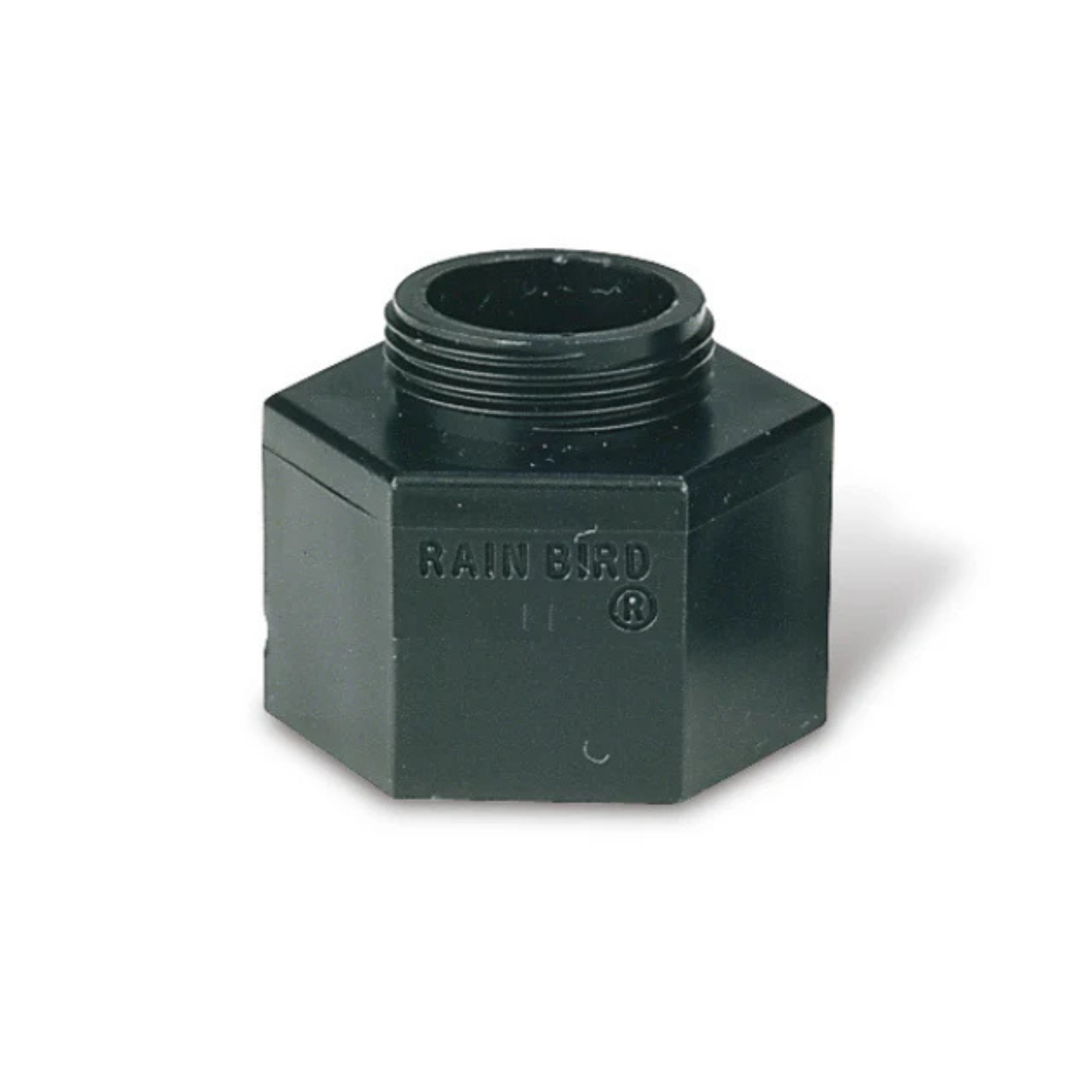 A black Rain Bird nozzle adapter bush designed for mounting nozzles to a riser