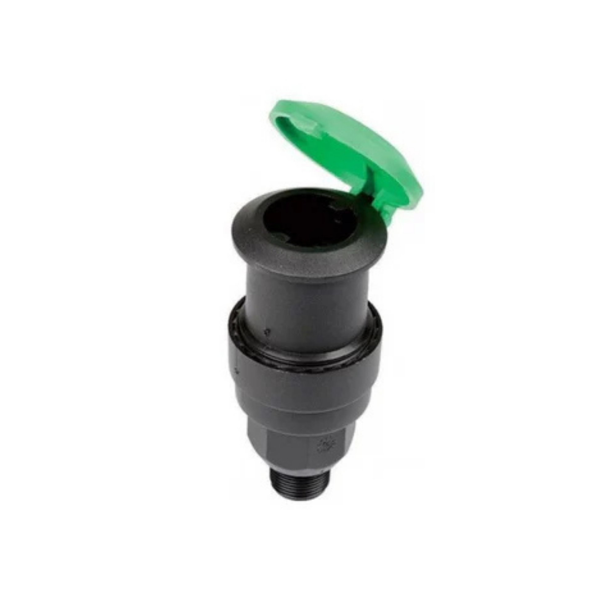 A black rain bird quick coupling vale, male, with a green lid