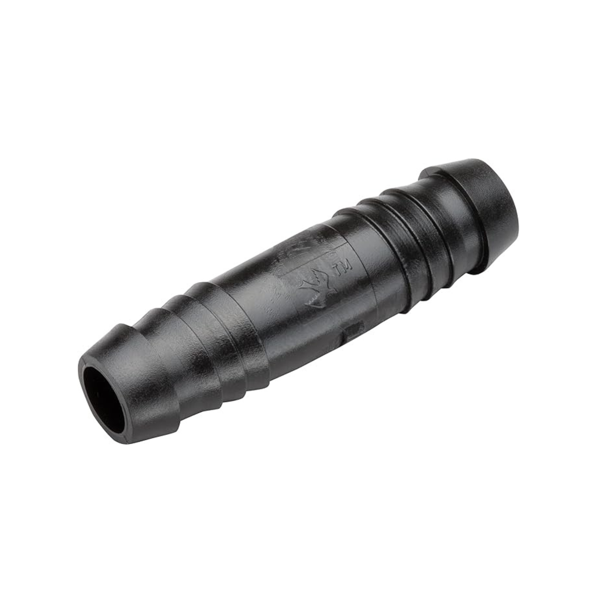Black/grey rain bird spiral barbed coupler on a white background