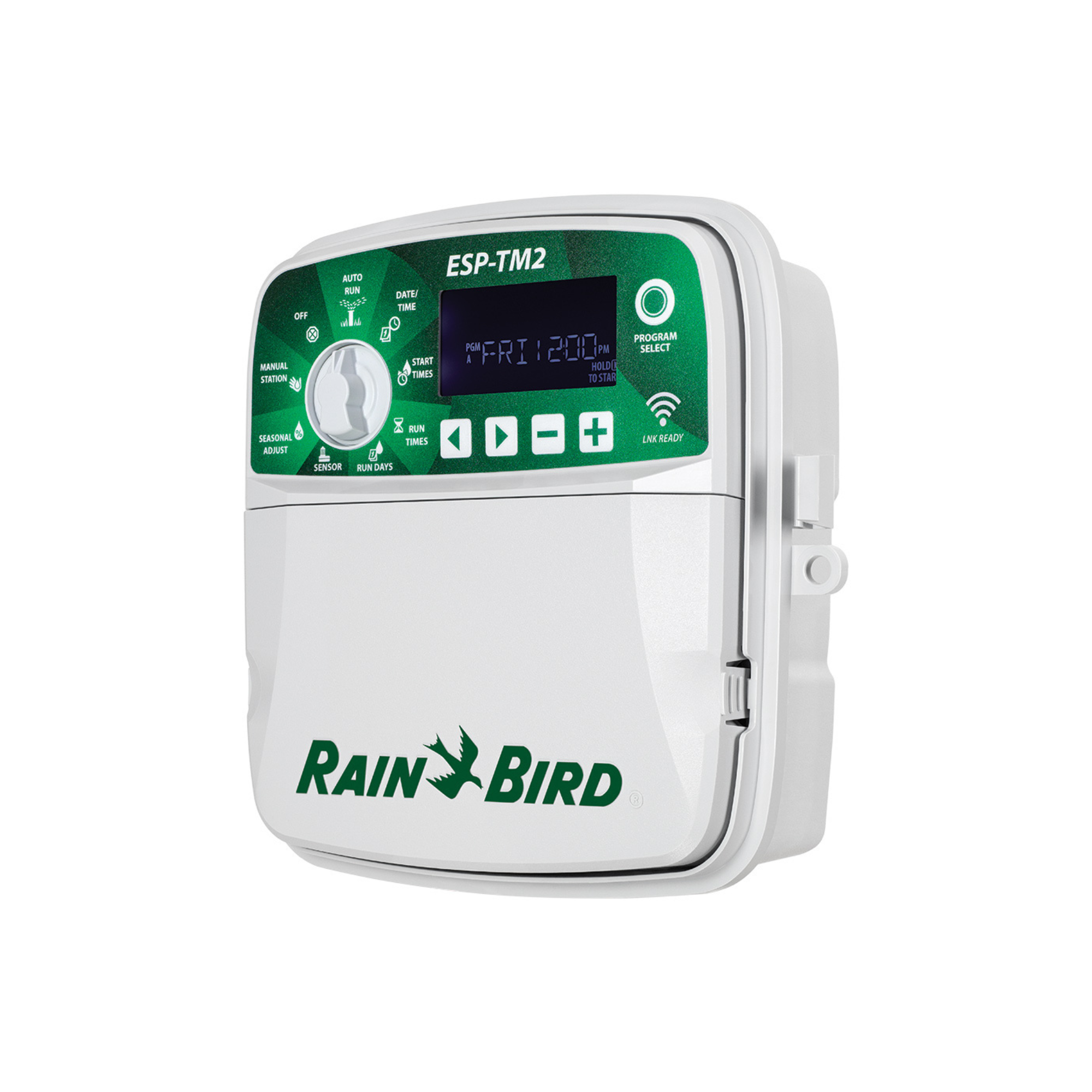 Image of the RAIN BIRD™ ESP-TM2 irrigation controller, featuring a compact design with a user-friendly interface, designed for easy programming and efficient water management in residential irrigation systems