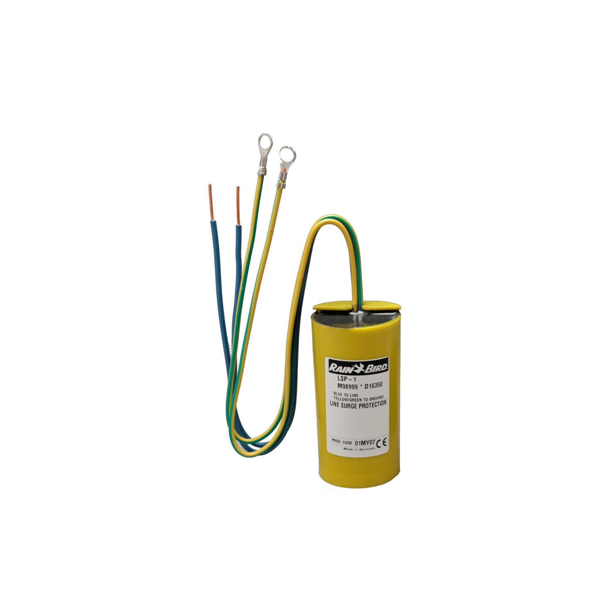 Image of the RAIN BIRD™ LSP1 Line Surge Protection device, designed to protect irrigation systems from electrical surges, featuring a compact design for easy installation and reliable performance