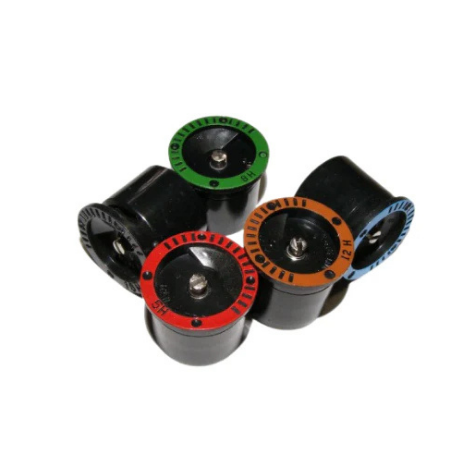 A set of RAIN BIRD 10 MPR nozzles with different colored bands on them, designed for 1800 series pop up sprinklers.