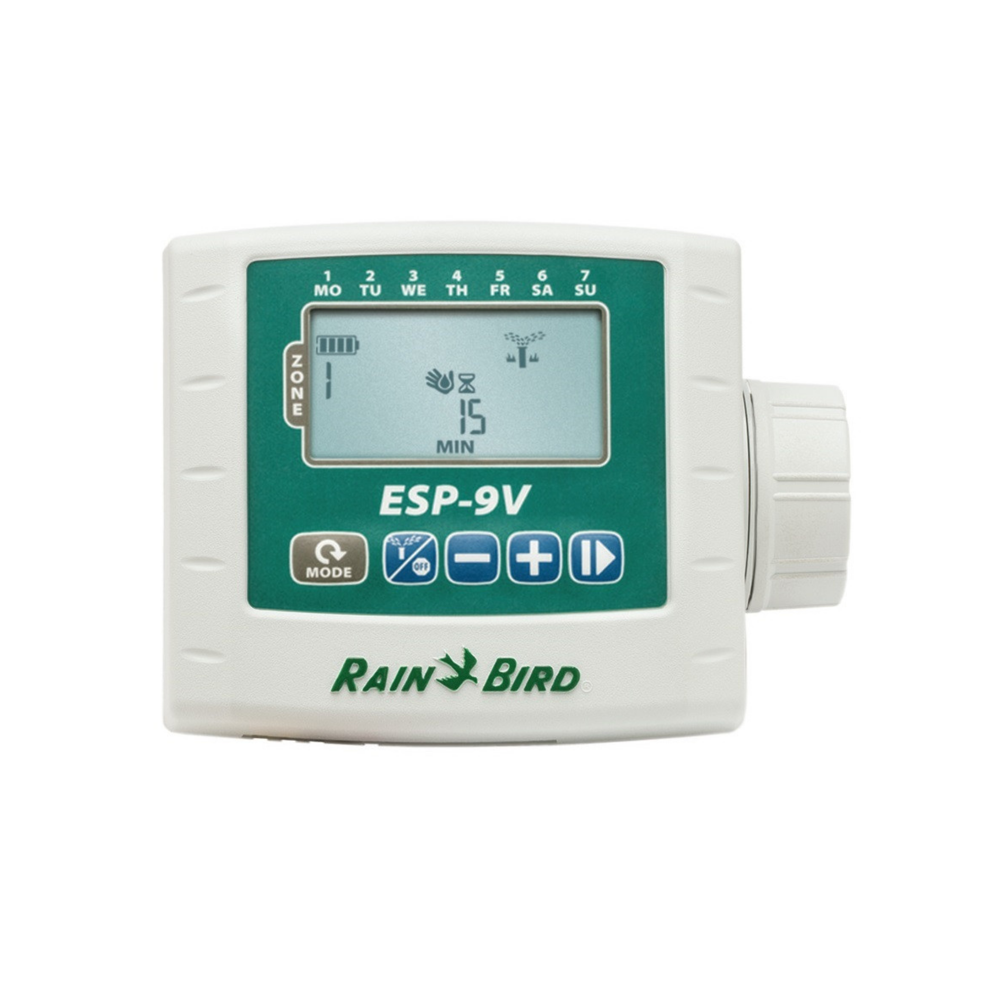 Rain Bird ESP-9V digital rain sensor controller with a white housing, green front panel, and LCD display, shown on a plain white background.