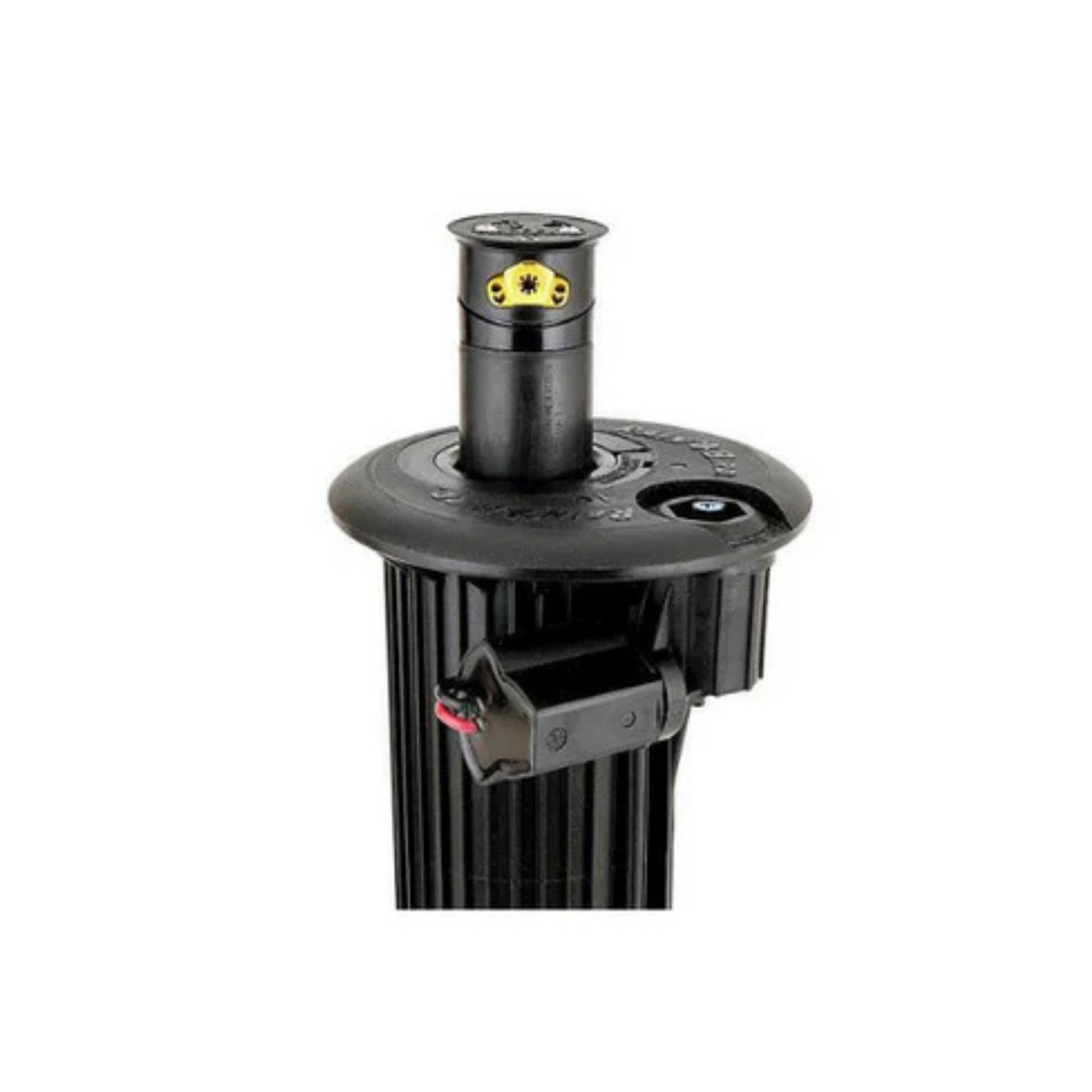 A black Rain Bird Eagle 752 Series rotor sprinkler head mounted on a pipe.