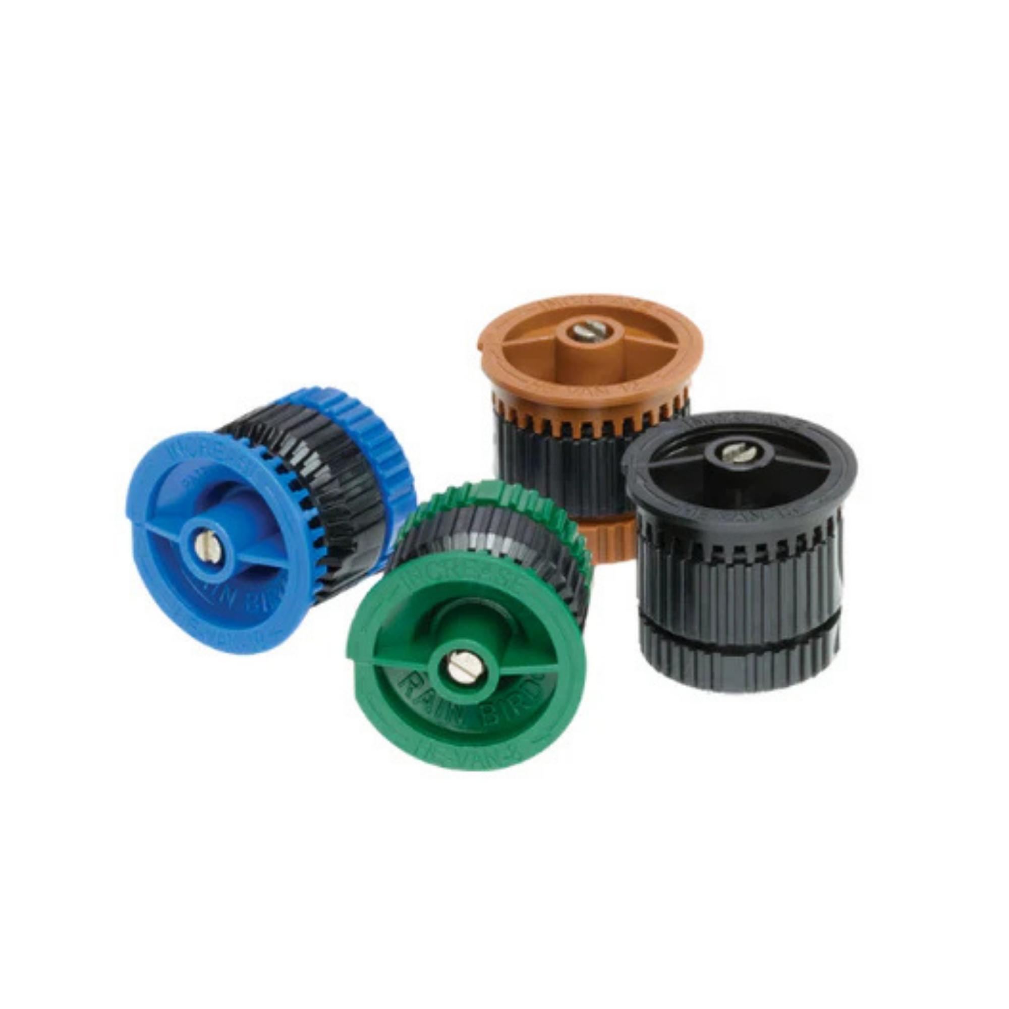 A collection of high efficiency variable arc nozzles for 1800 series sprays, in various colors including blue, green, brown, and black.